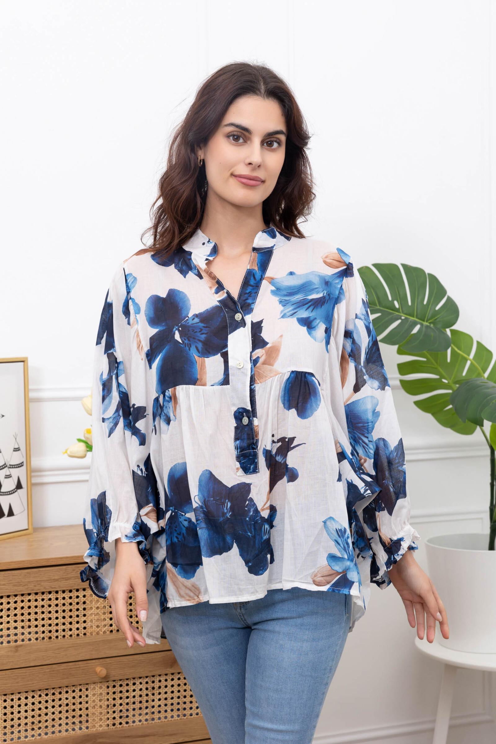 Grossista Happy Look - Blusa di chiffon stampata in cotone