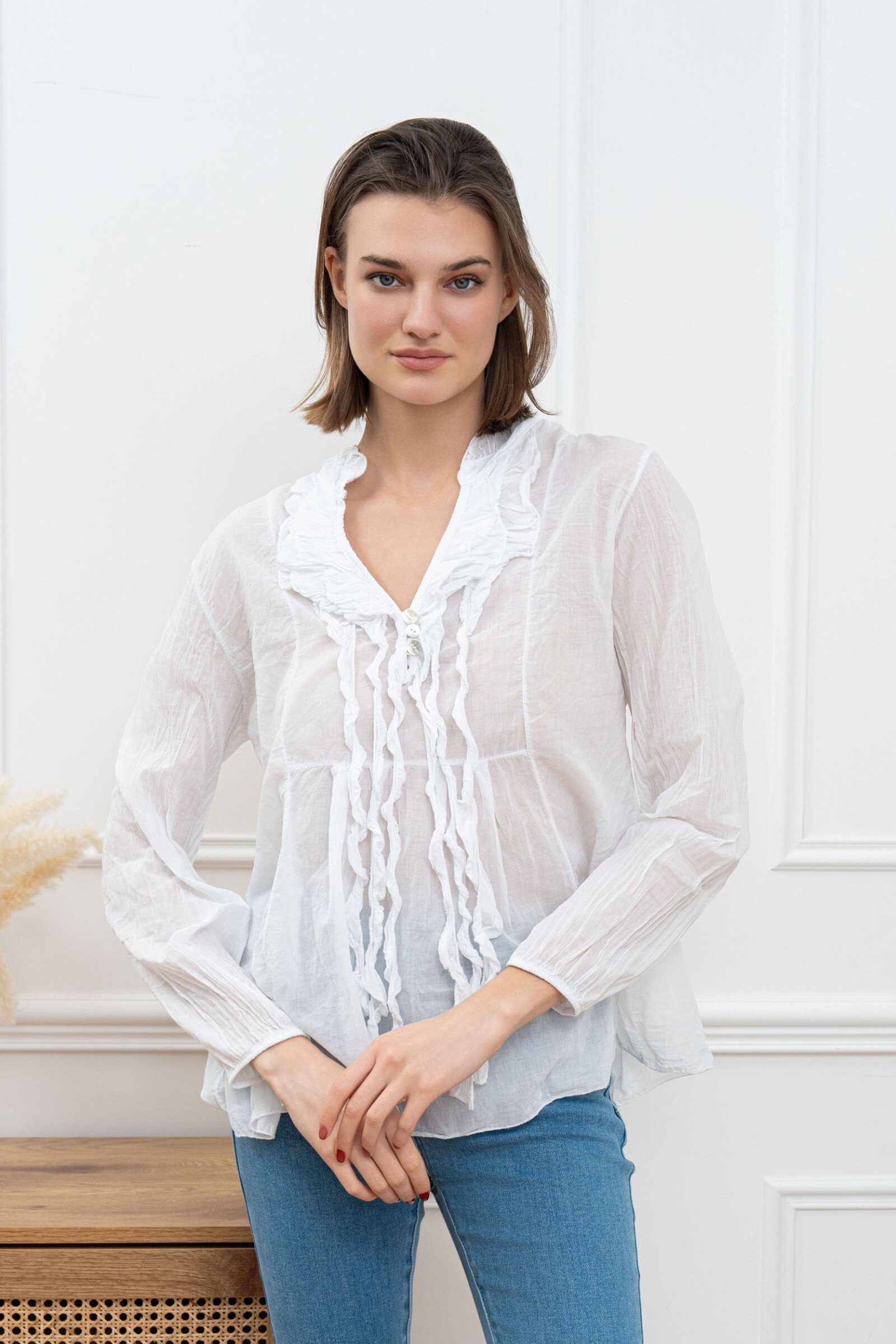 Großhändler Happy Look - Hoch in halbtransparenter Baumwollsegel mit langen Ärmeln
