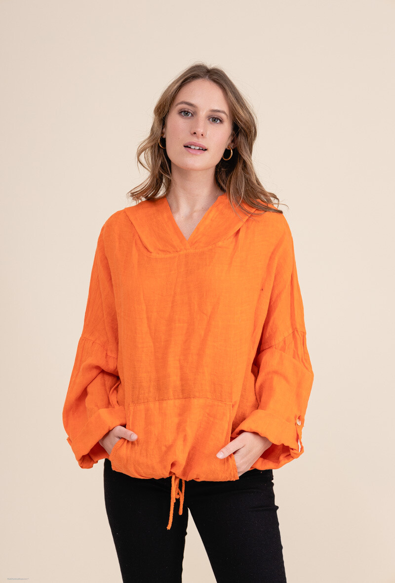Grossiste Happy Look - Blouse en lin style sweat à capuche
