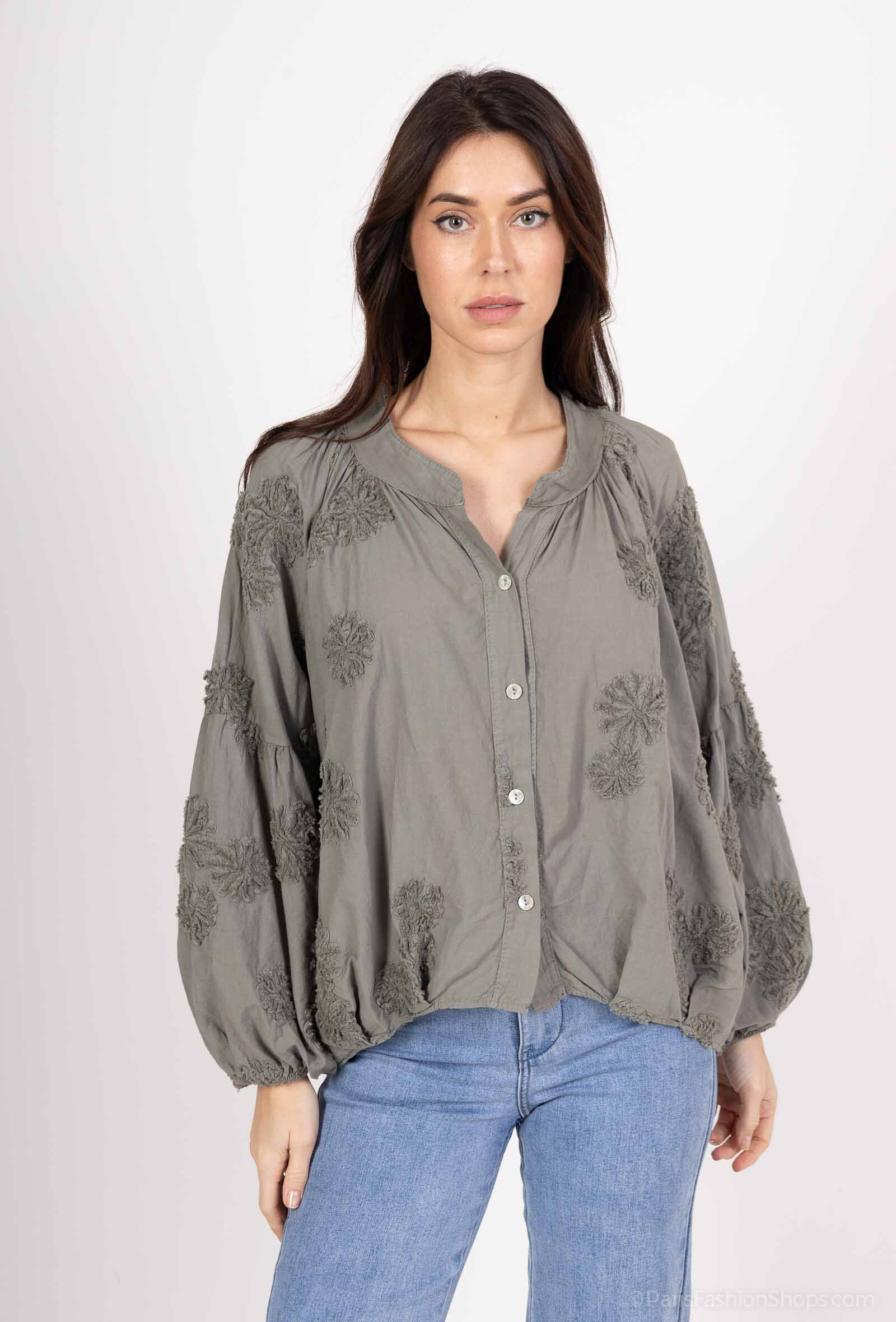 Grossiste Happy Look - Chemisier  en Voile de Coton avec Broderie Anglaise 3D – Manches Bouffantes