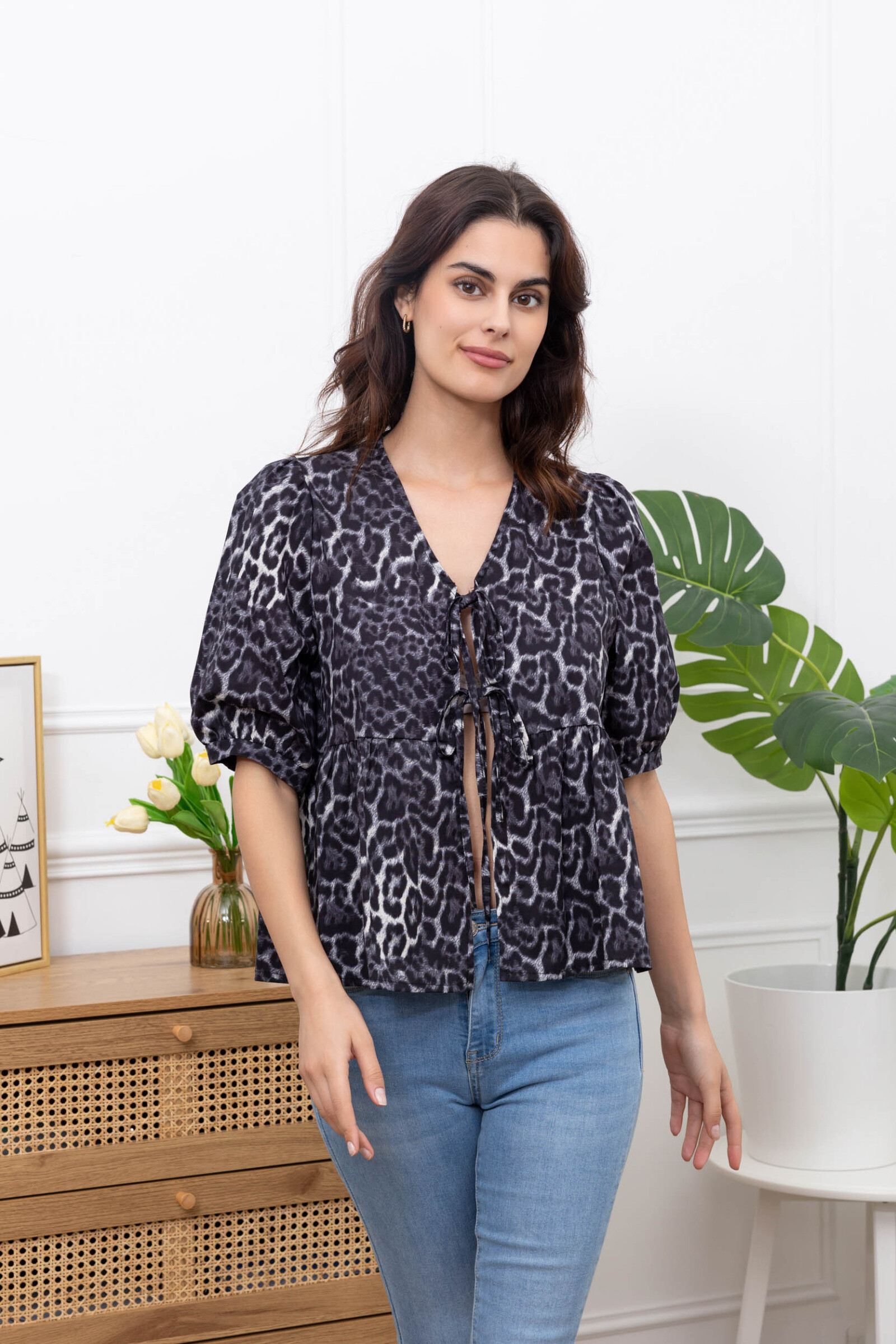 Grossiste Happy Look - Blouse imprimée léopard avec nœuds