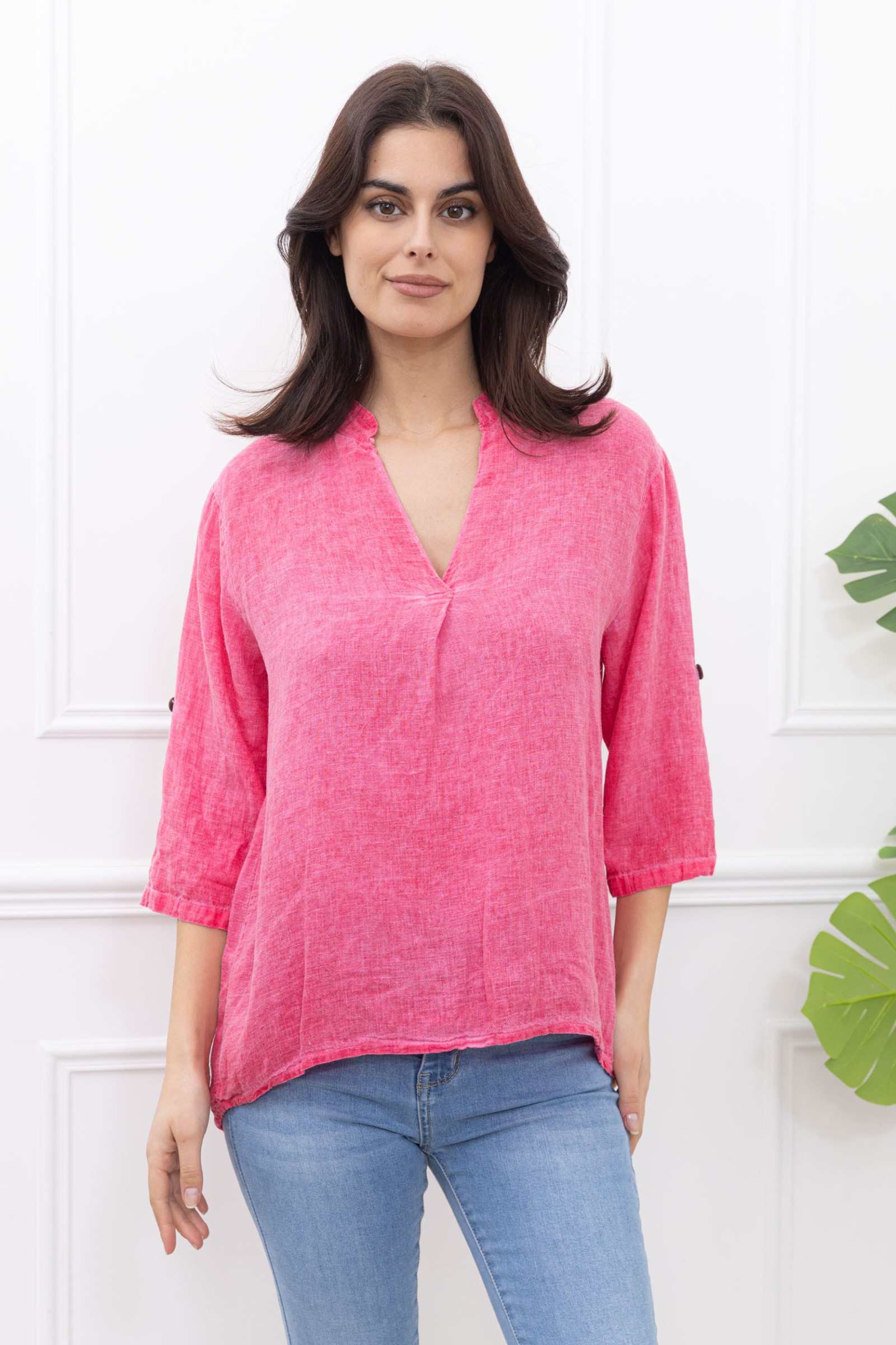Grossiste Happy Look - Blouse en Lin Délavé Col Mao – Manches 3/4 Retroussantes