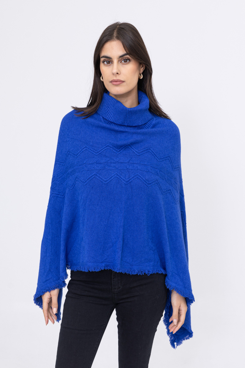 Grossiste Happy Look - Poncho Femme à Col Roulé – Motif Tissé & Finitions Frangées