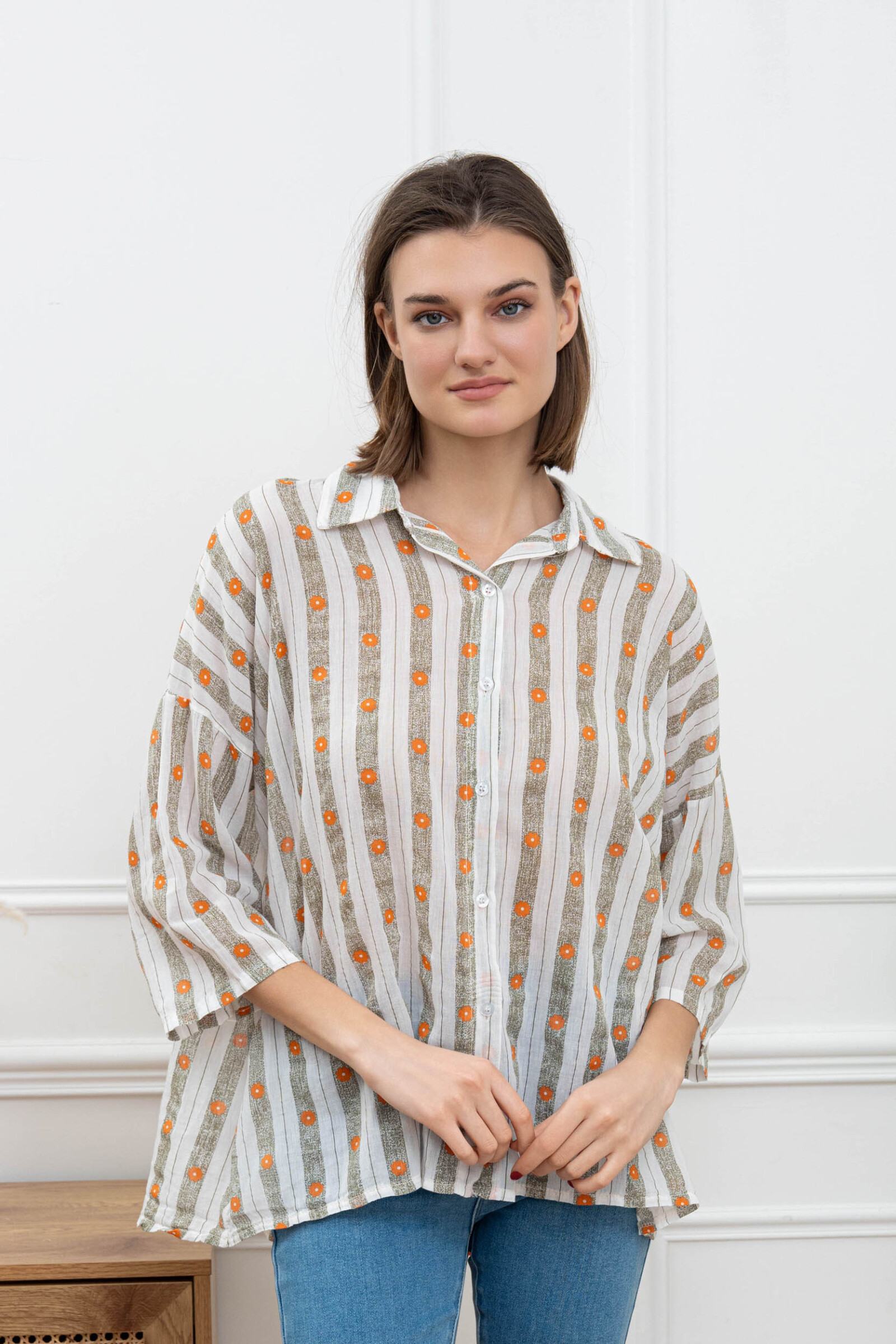Mayorista Happy Look - Flor impresa de camisa de vela de algodón a rayas