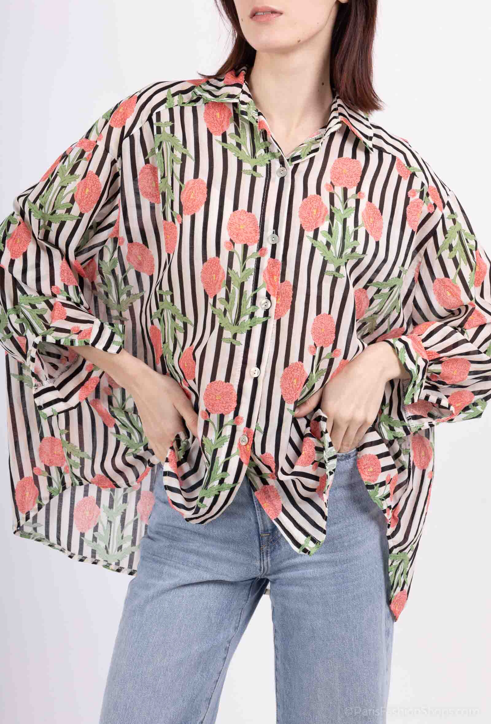 Mayorista Happy Look - Camisa de gran tamaño en velo de algodón con flores y estampado de rayas