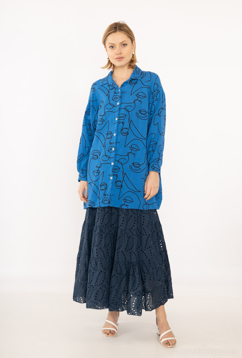 Grossiste Happy Look - Chemise overzise en gaze de coton imprimée