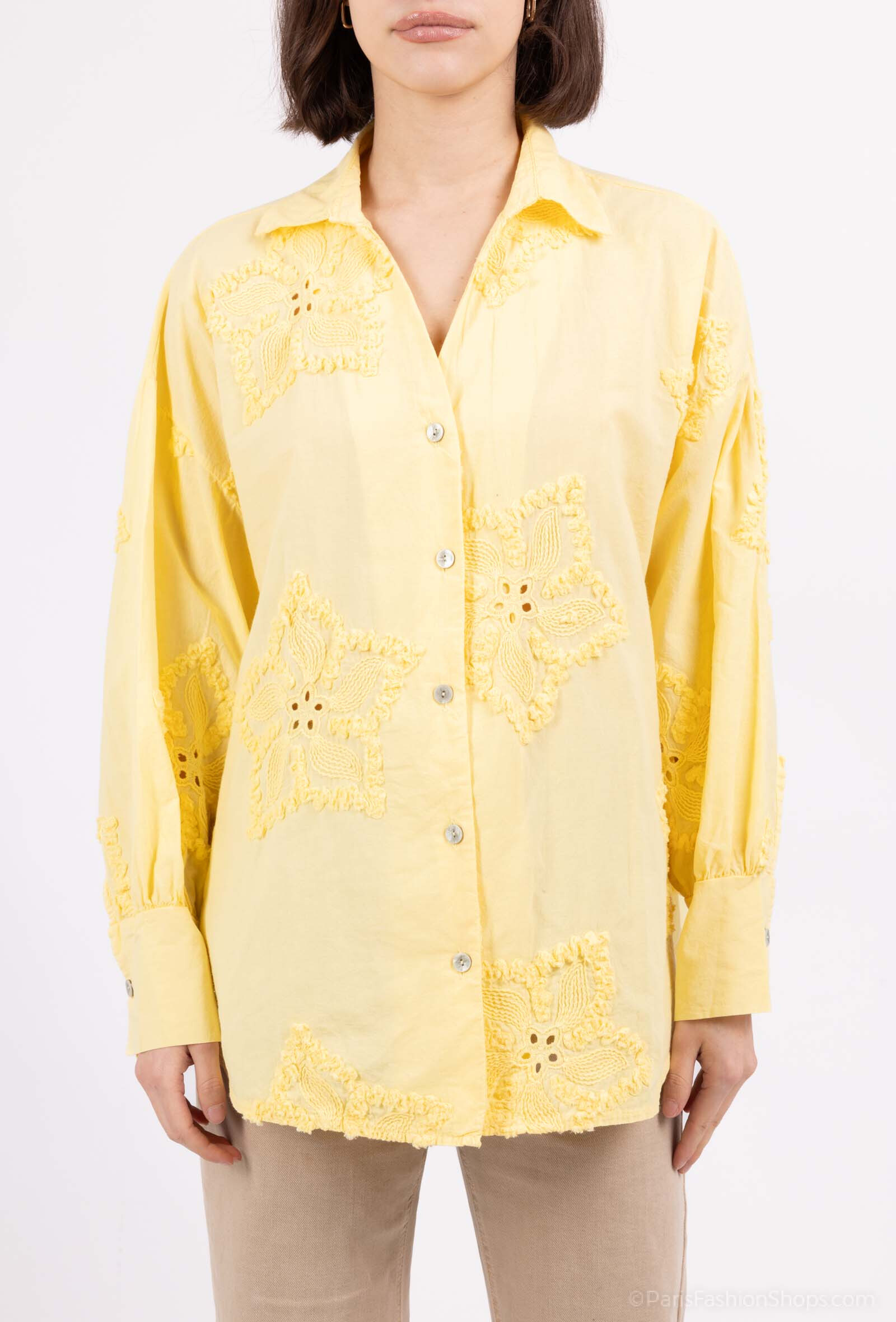 Grossiste Happy Look - Chemise en Voile de Coton avec Broderie Anglaise 3D - Manches Longues