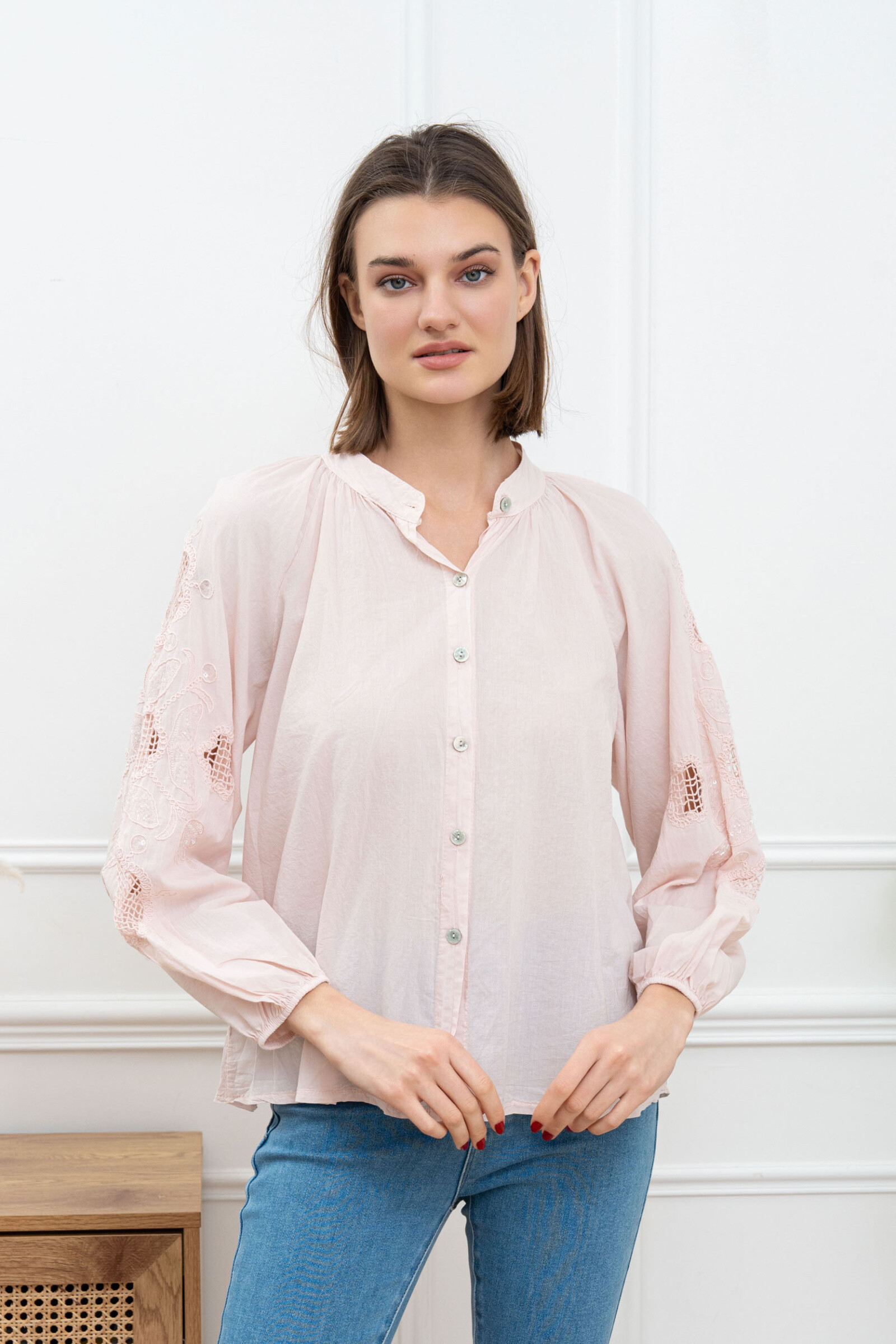 Wholesaler Happy Look - Cotton blouse with embroidery and sequins on the sleeves