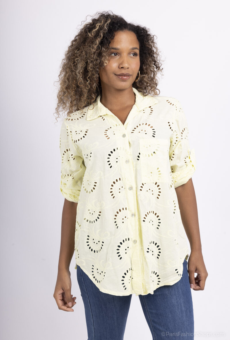 Grossiste Happy Look - Chemise en Broderie Anglaise avec Poche Poitrine - Élégance et Raffinement