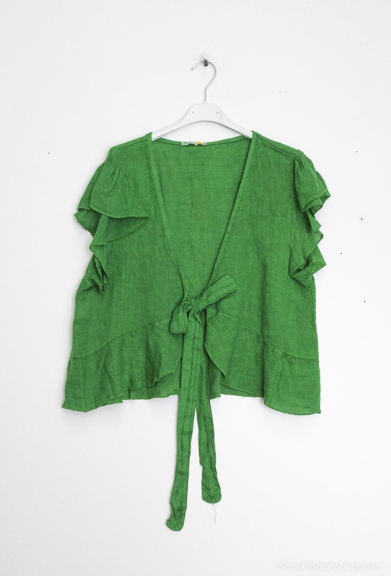 Wholesaler Happy Look - Linen vest with sleeveless to tie in front with froufrou finish