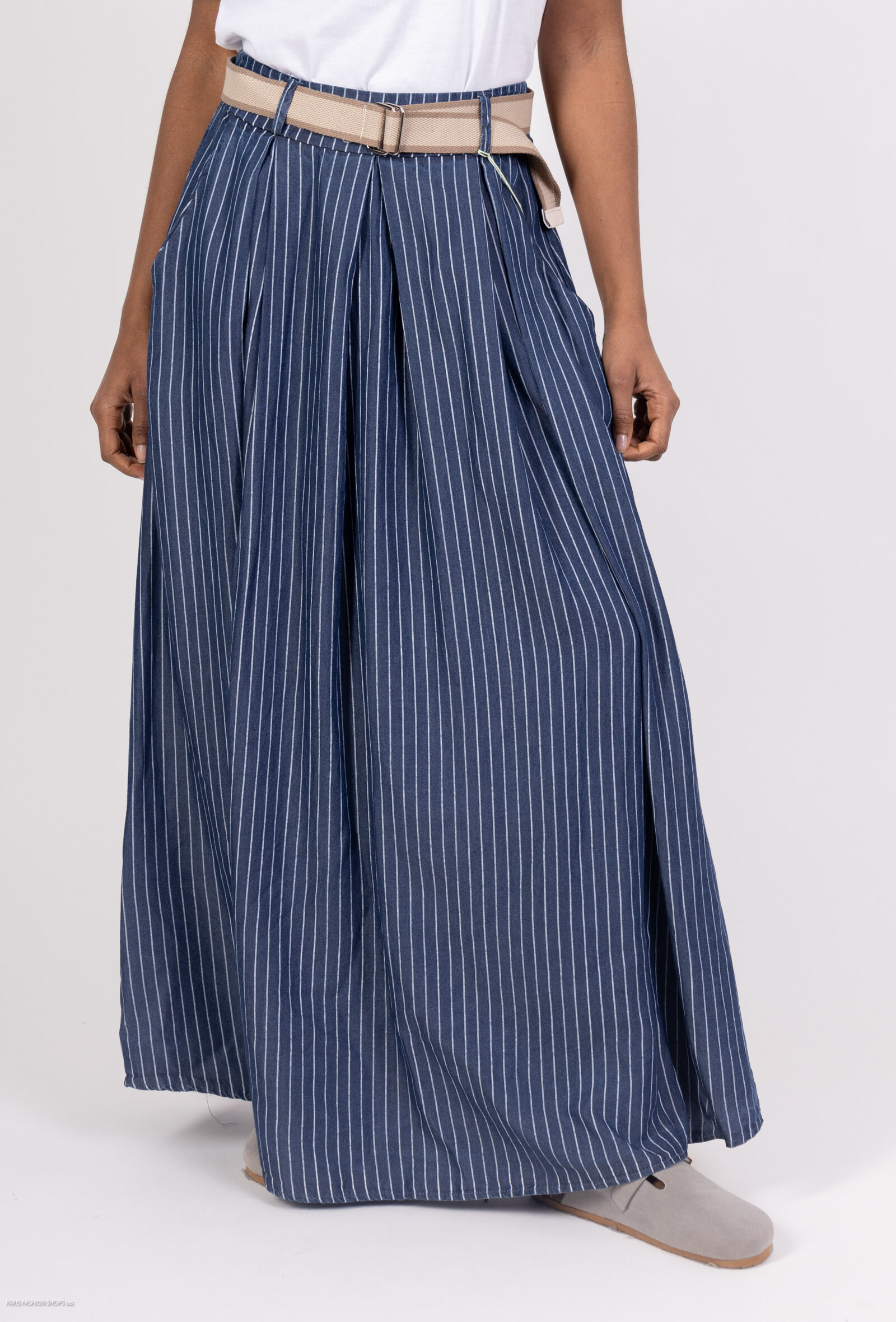 Grossiste Happy Look - Jupe longue rayée en Tencel effet denim avec ceinture