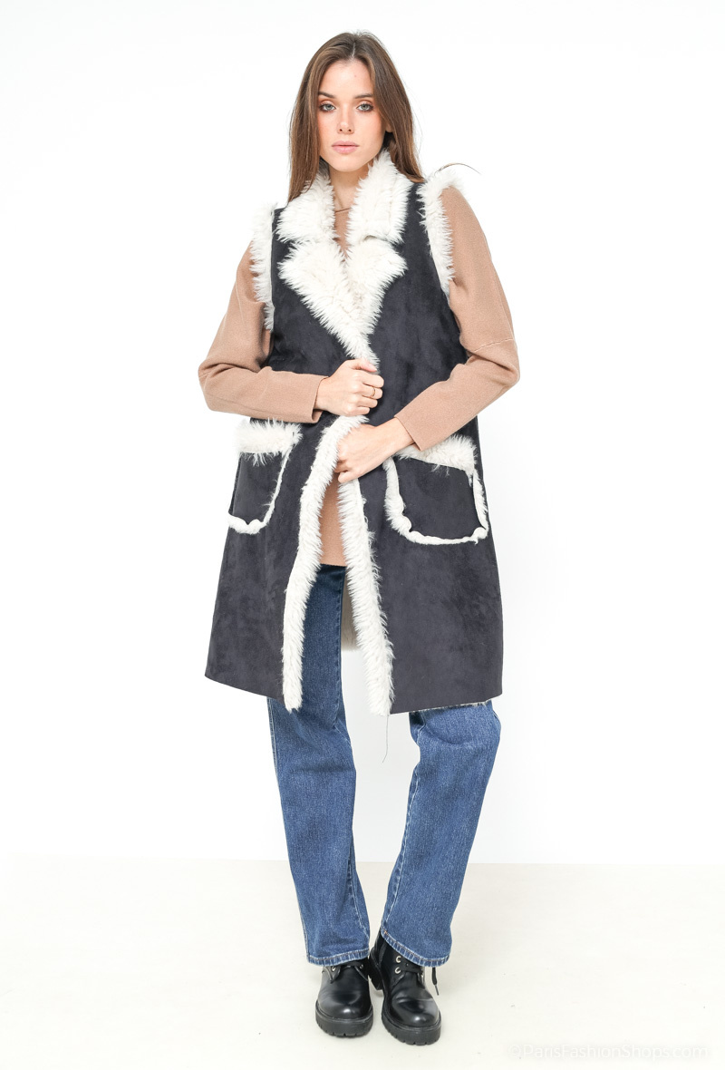 Grossiste Happy Look - Manteau mi-long sans manches en fausses fourrure