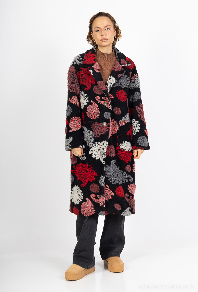 Grossiste Happy Look - Long manteau en laine bouillis avec motif floral