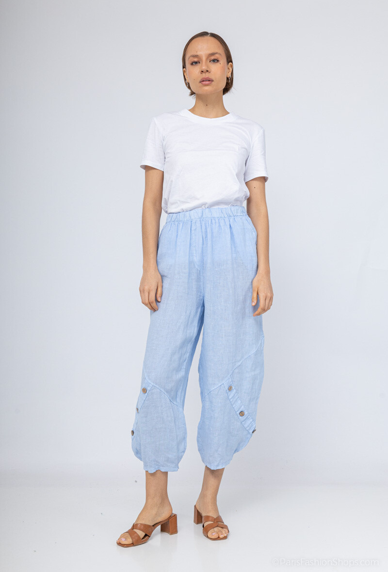 Grossiste Happy Look - Pantalon 7/8 en Lin avec Détails de Boutons et Poches