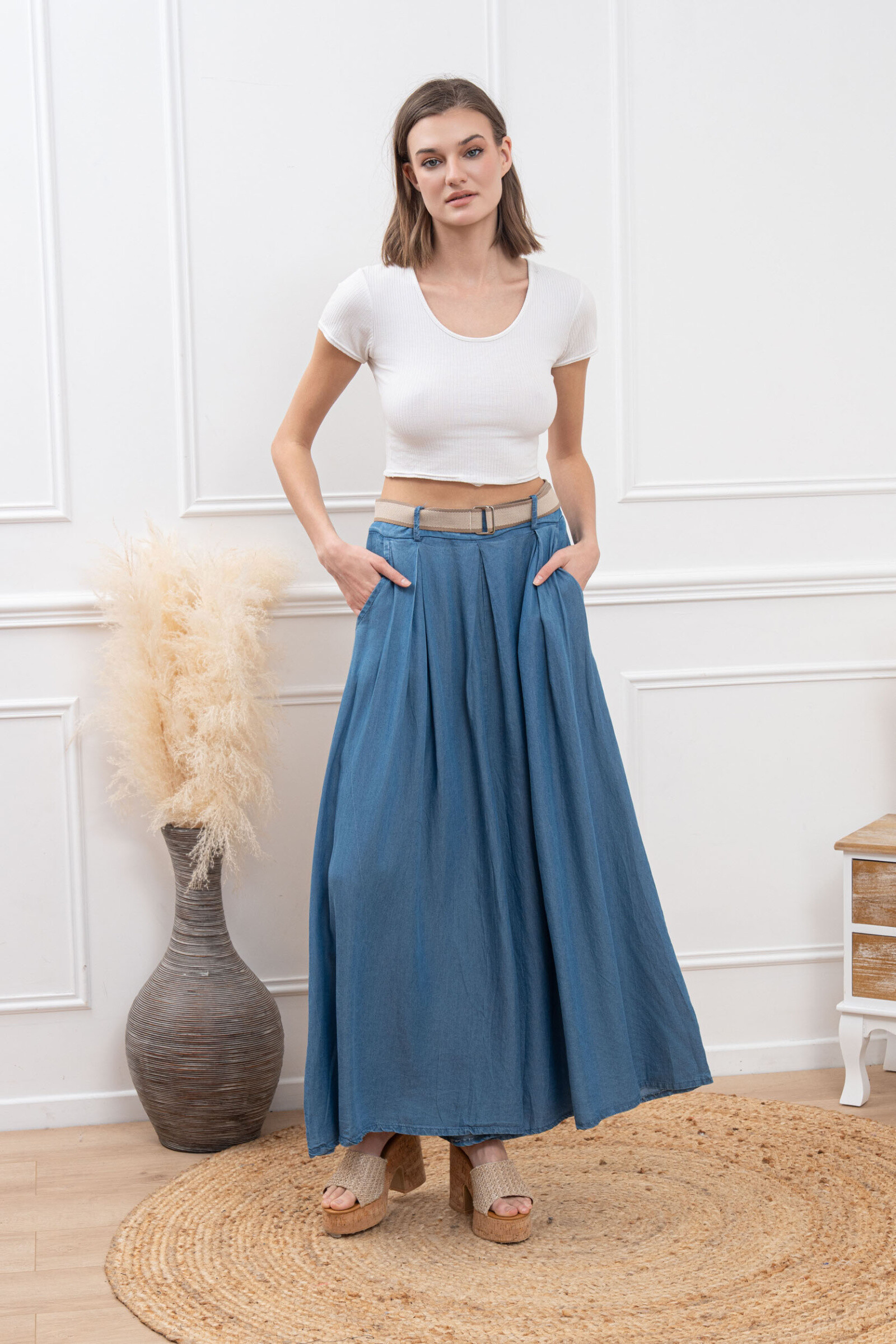 Grossiste Happy Look - Jupe-culotte en Tencel effet denim avec ceinture