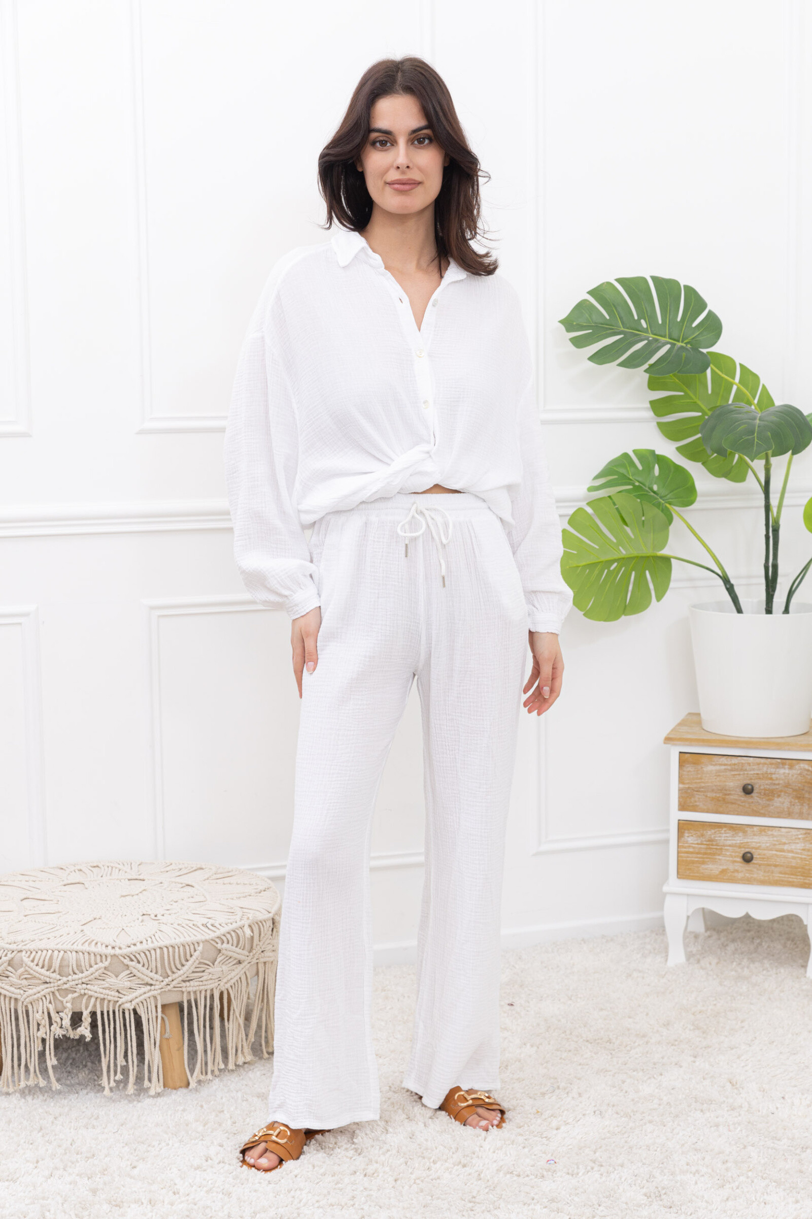 Grossiste Happy Look - Pantalon large en gaze de coton à taille réglable