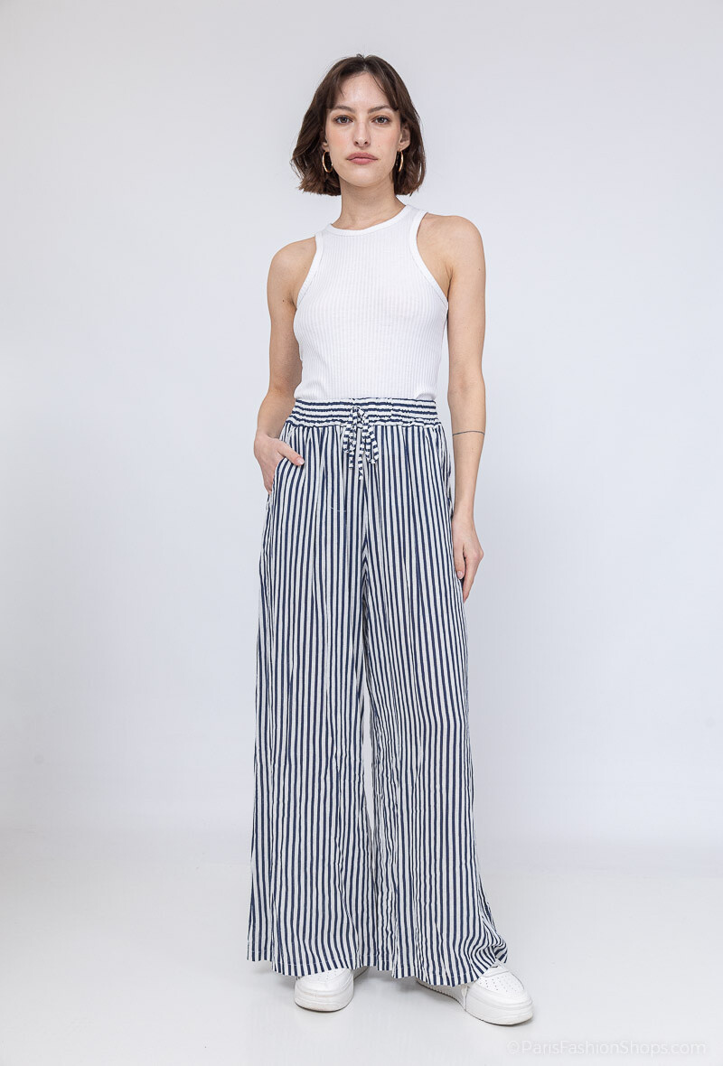 Grossiste Happy Look - Pantalon large en lin rayé – Confort & Élégance décontractée