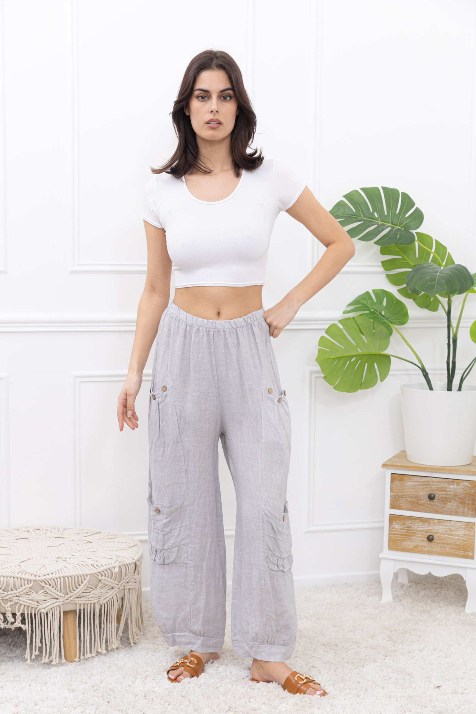 Grossiste Happy Look - Pantalon Cargo en Lin – Confort et Style Décontracté