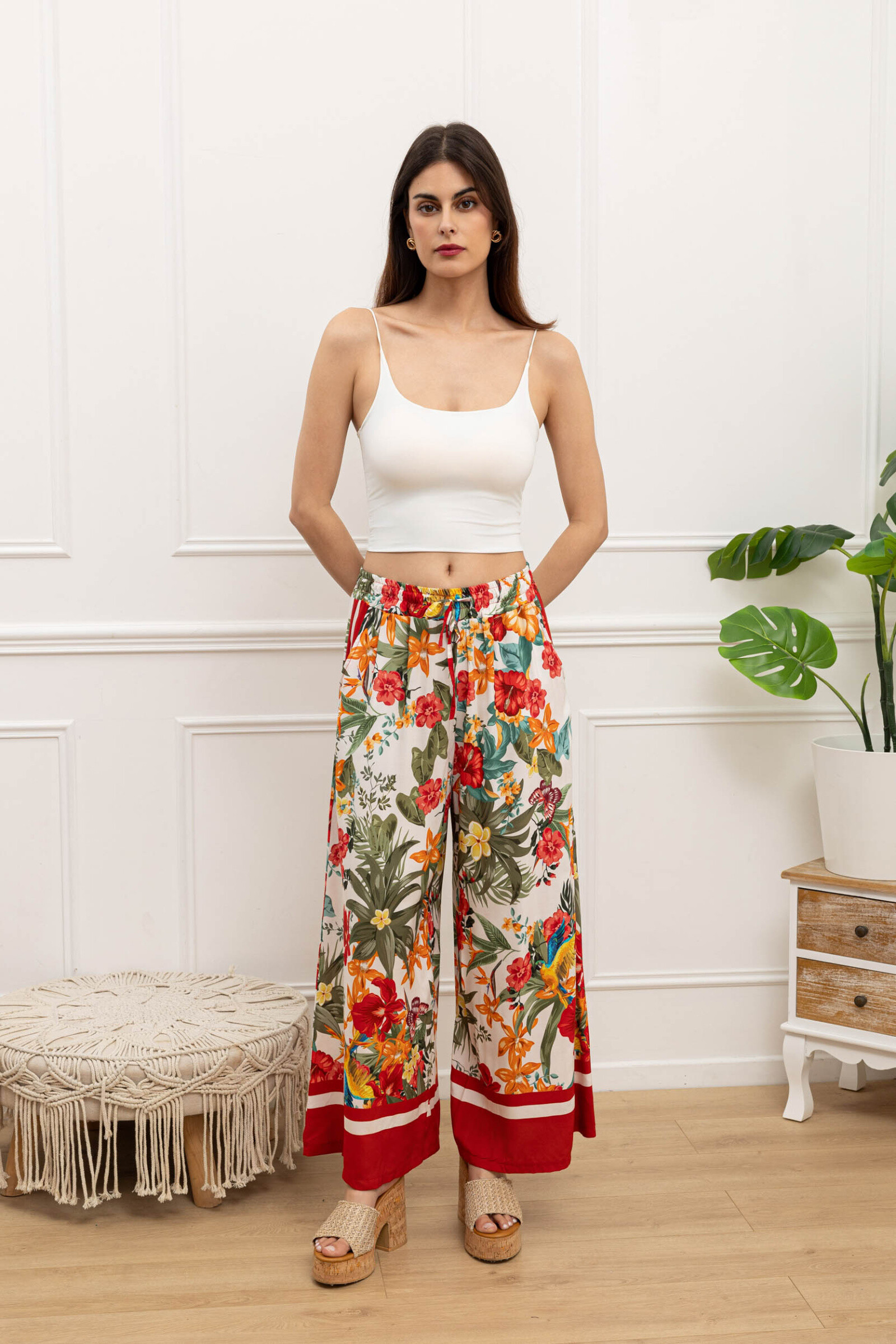 Grossiste Happy Look - Pantalon Large en Viscose Imprimée avec Taille Élastique