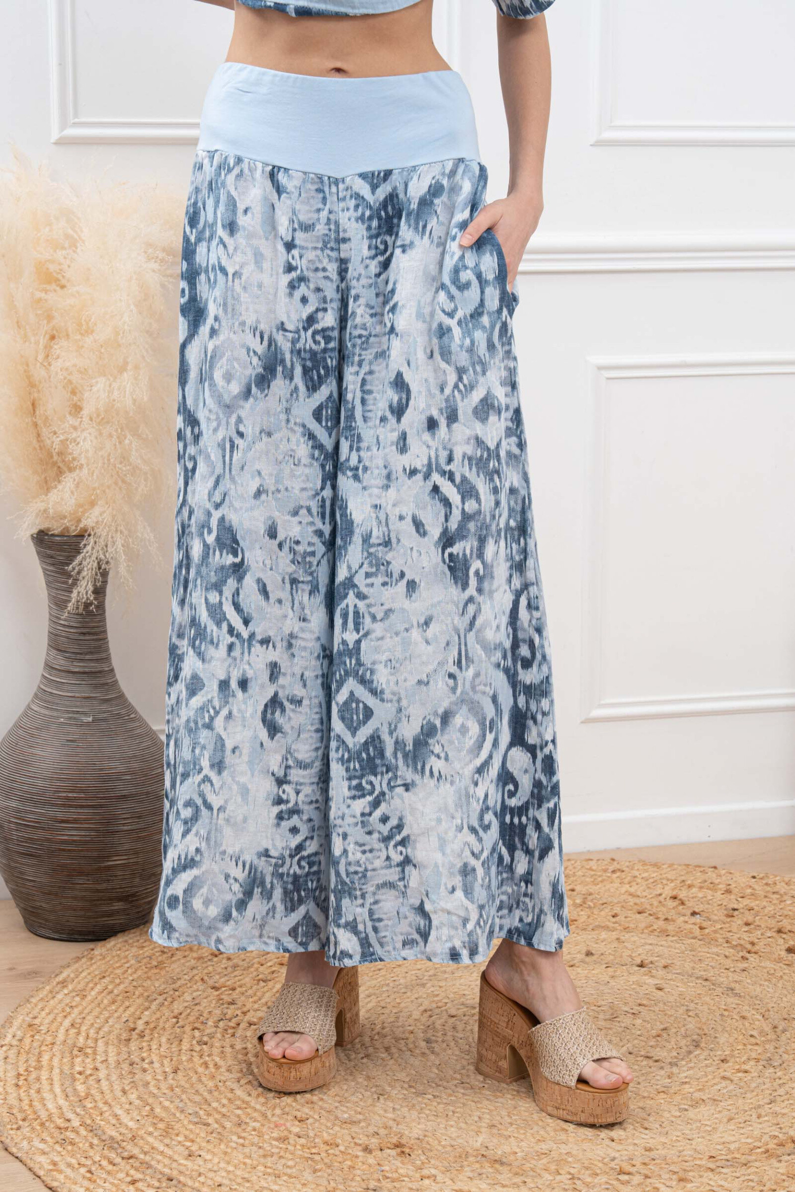 Grossiste Happy Look - Pantalon large en lin imprimé – Légèreté, style et liberté de mouvement