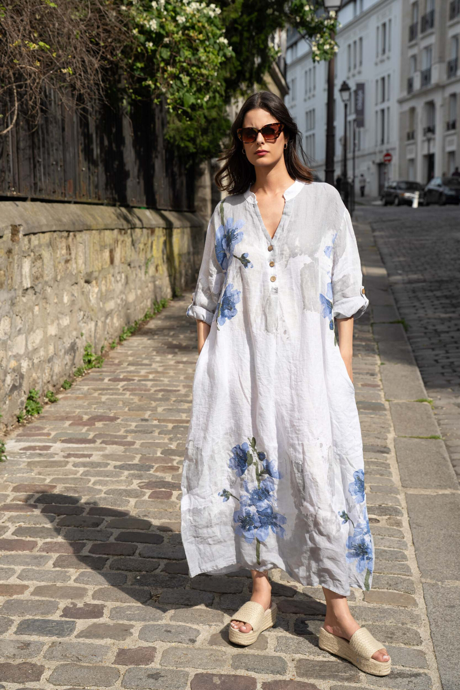 Grossiste Happy Look - Maxi Robe en Lin Imprimé – Élégance Naturelle et Confort Estival