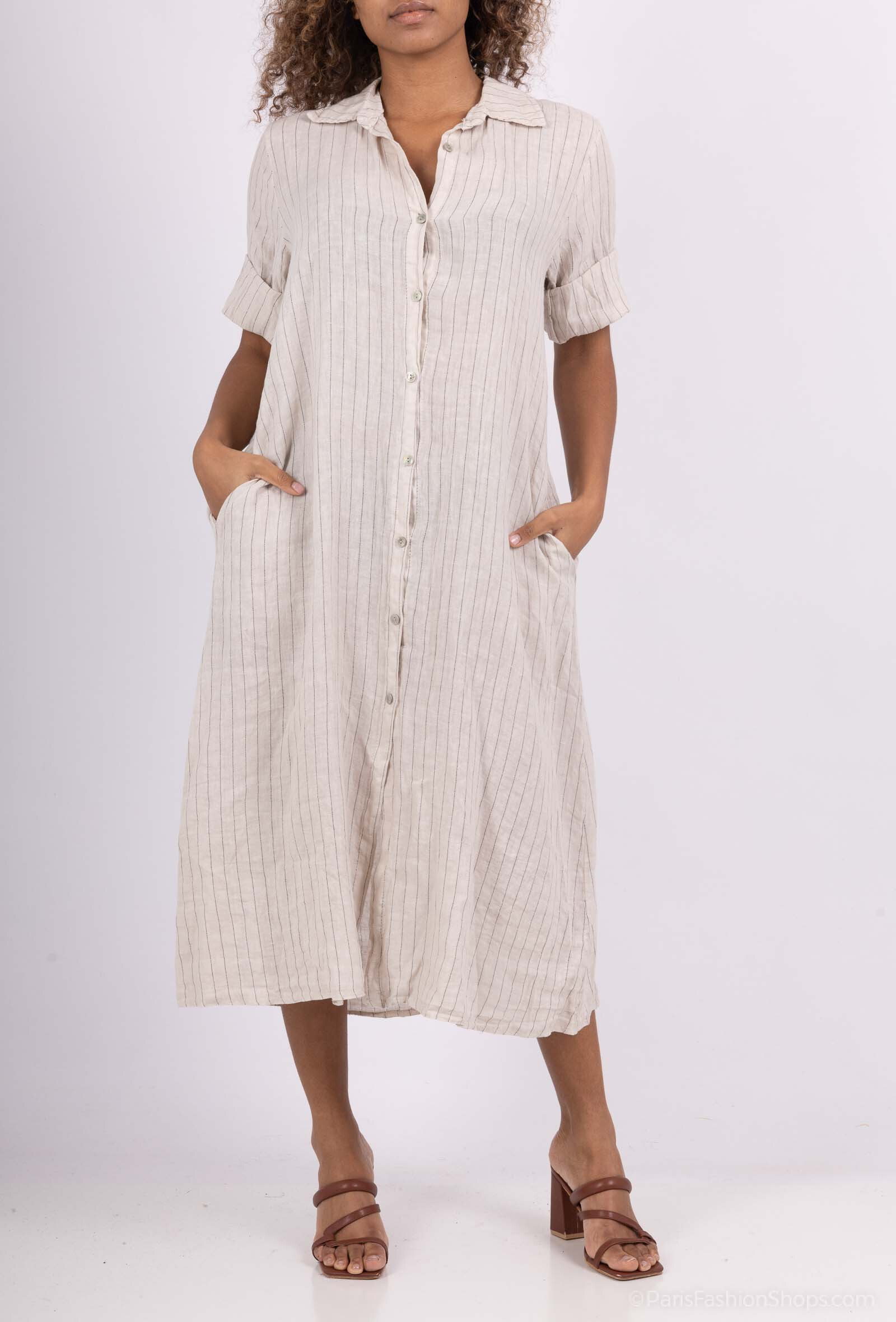 Grossiste Happy Look - Longue Robe Chemise en Lin Imprimée à Rayures