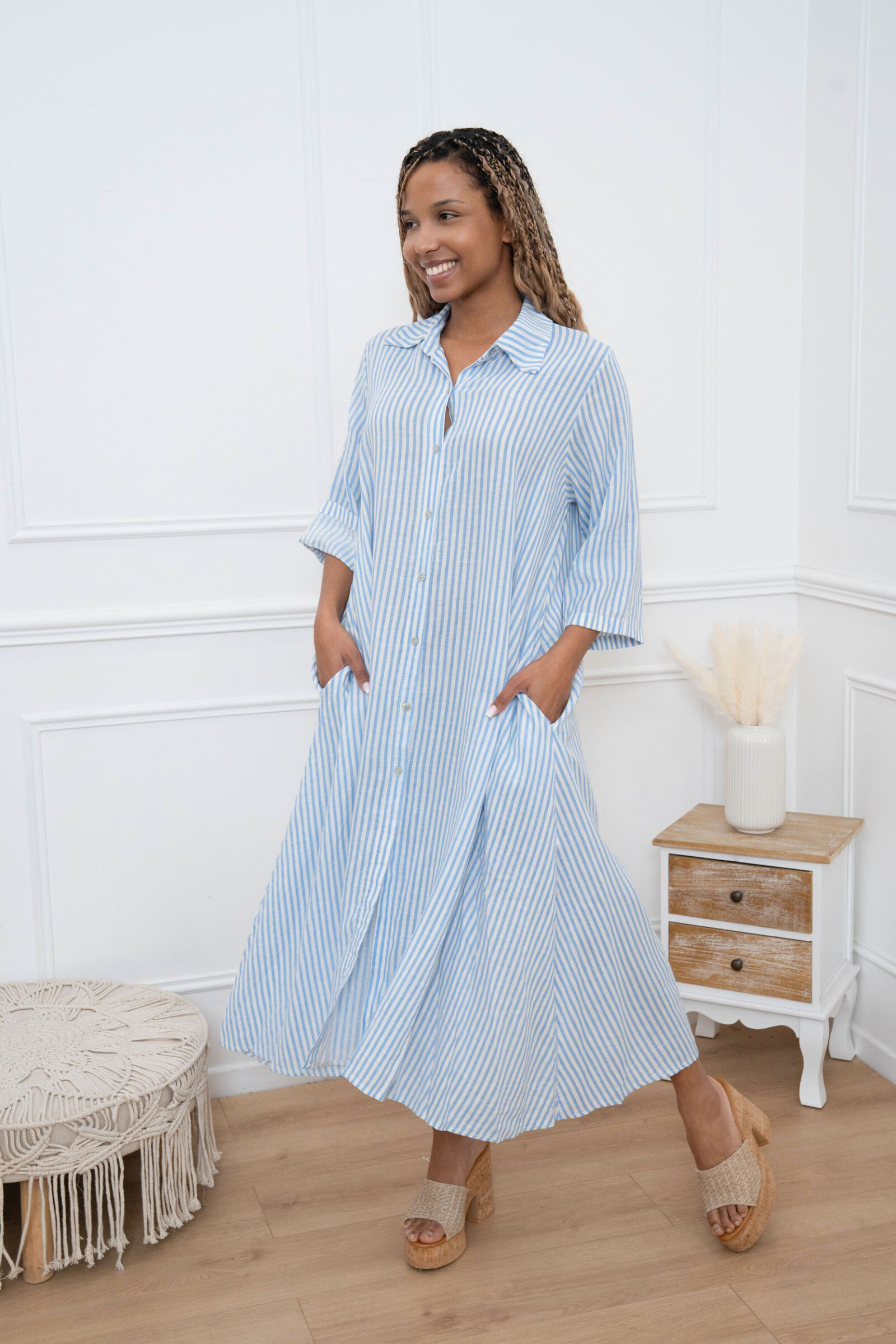 Grossiste Happy Look - Robe Chemise Longue en Lin Rayé – Élégance Naturelle & Confort Estival