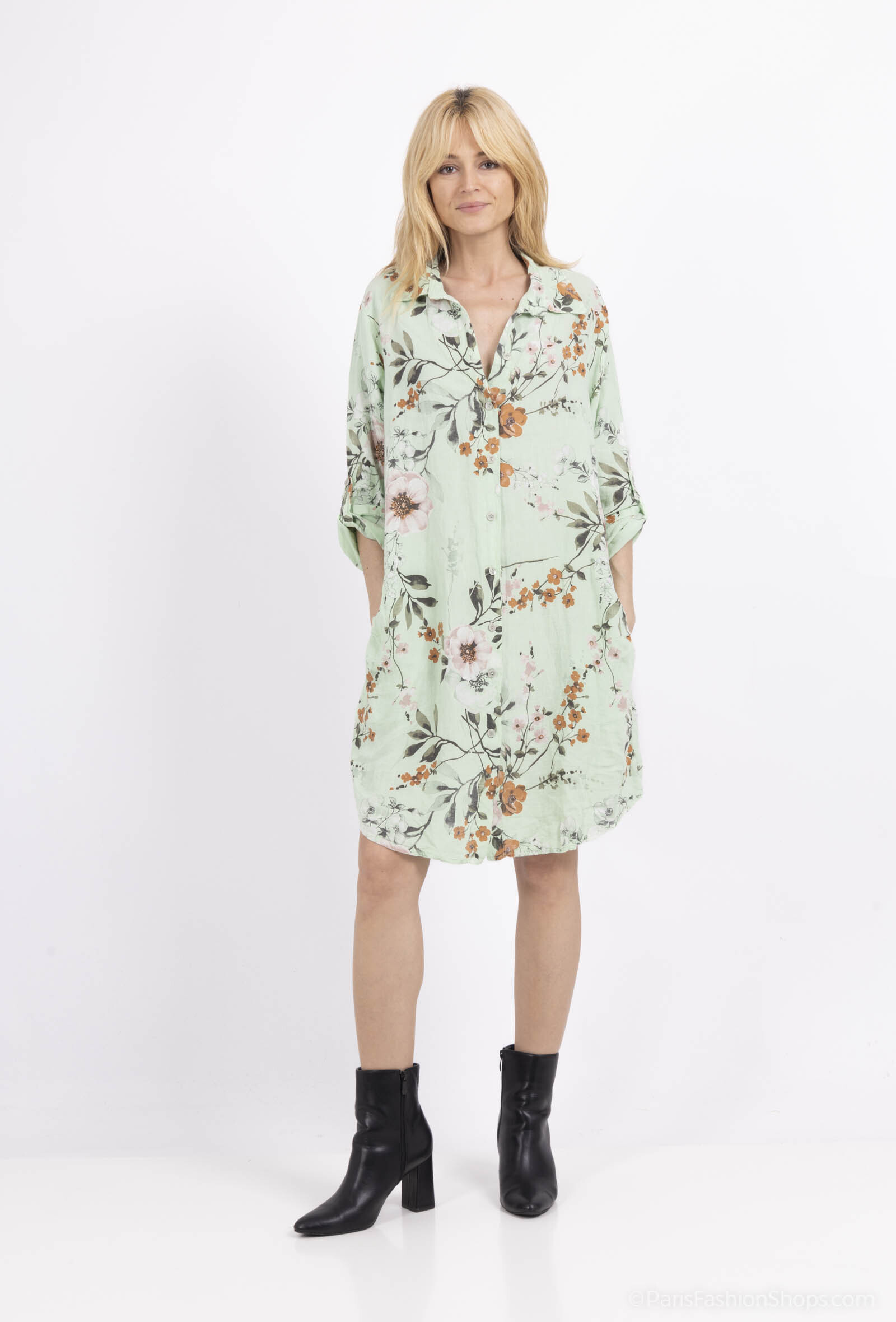 Grossiste Happy Look - Robe Chemise Courte en Lin Imprimé Fleuri – Élégance Décontractée