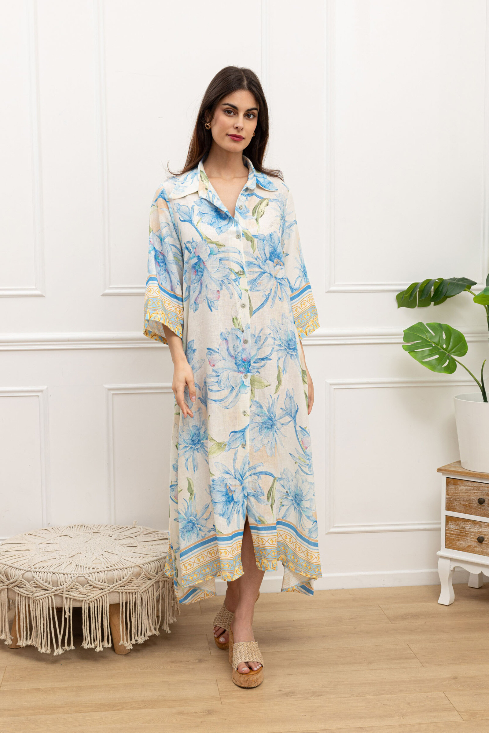 Grossiste Happy Look - Robe Chemise Longue en Lin Imprimée avec Manches 3/4