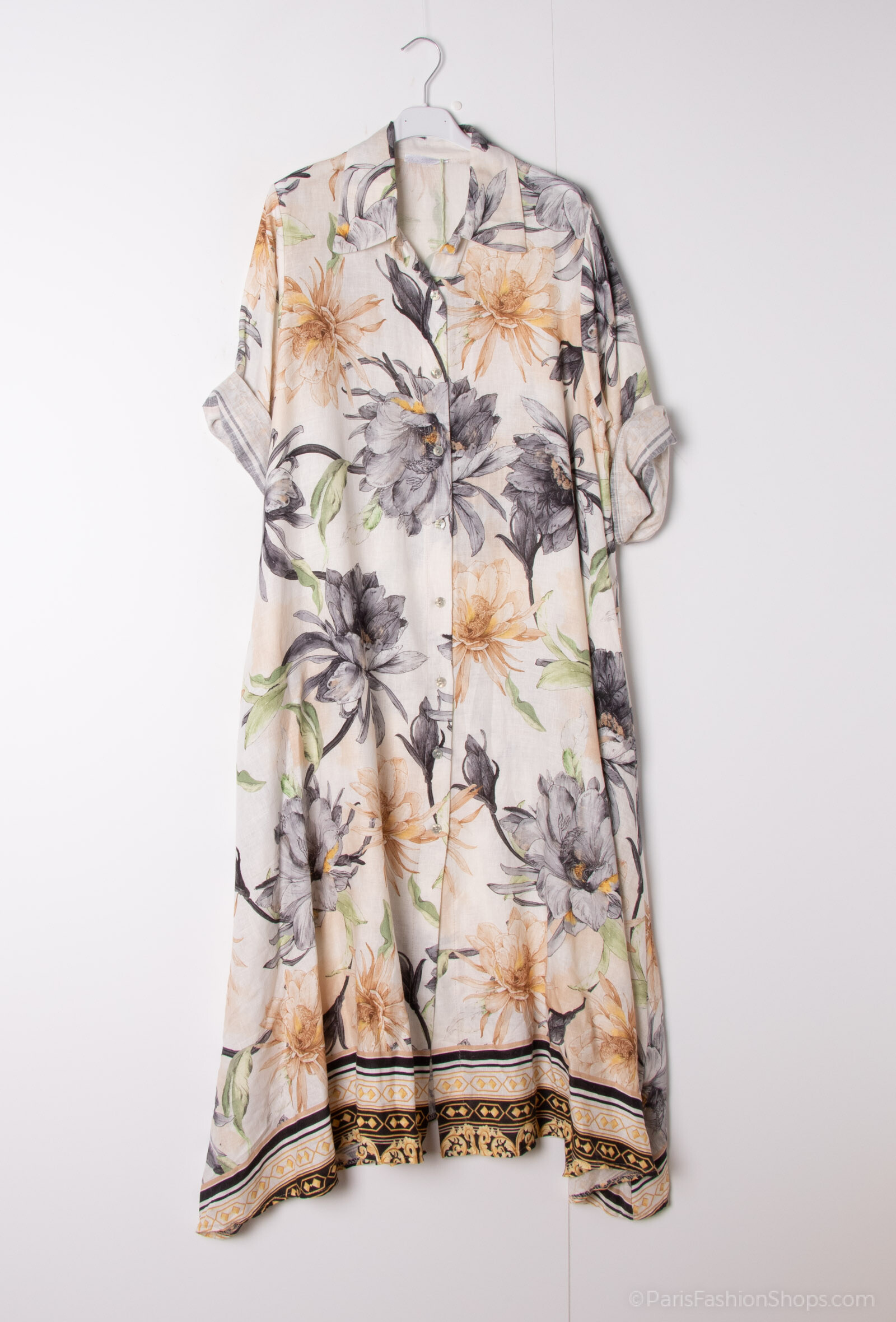 Grossiste Happy Look - Robe Chemise Longue en Lin Imprimée avec Manches 3/4
