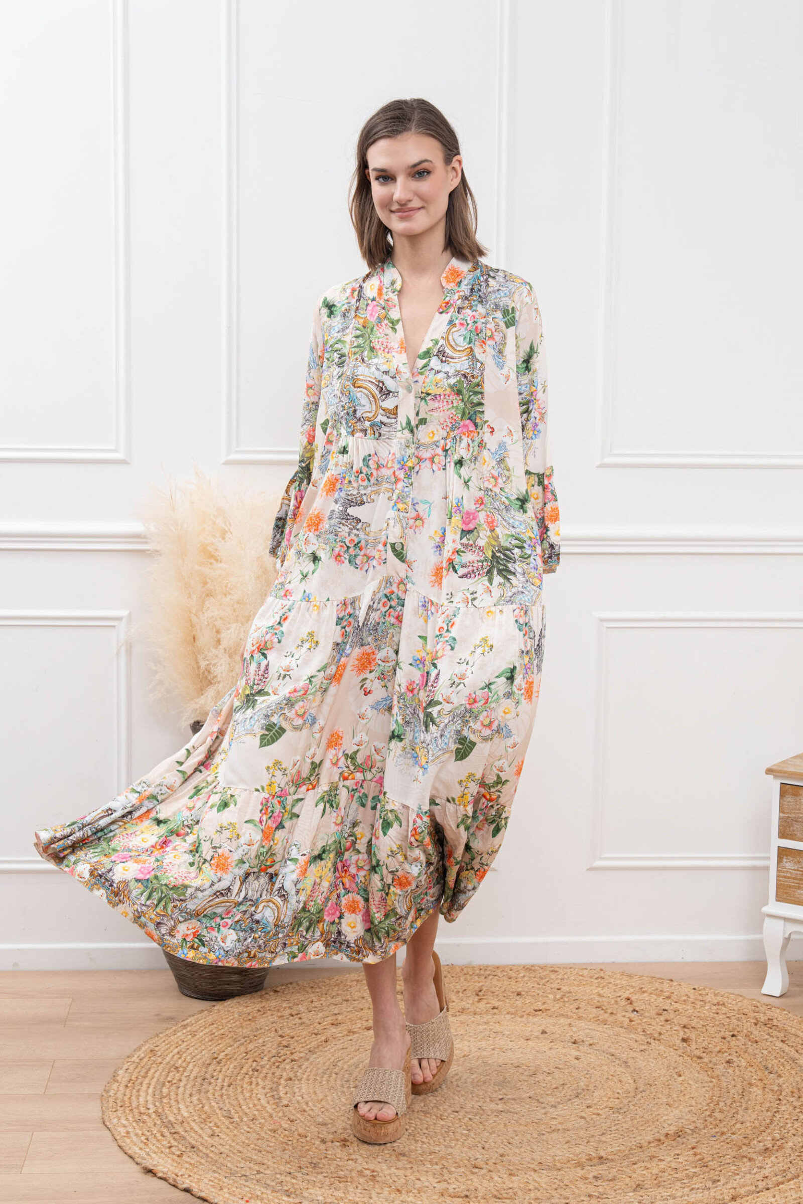 Grossiste Happy Look - Longue Robe à Volants en Viscose Imprimée Fleurie