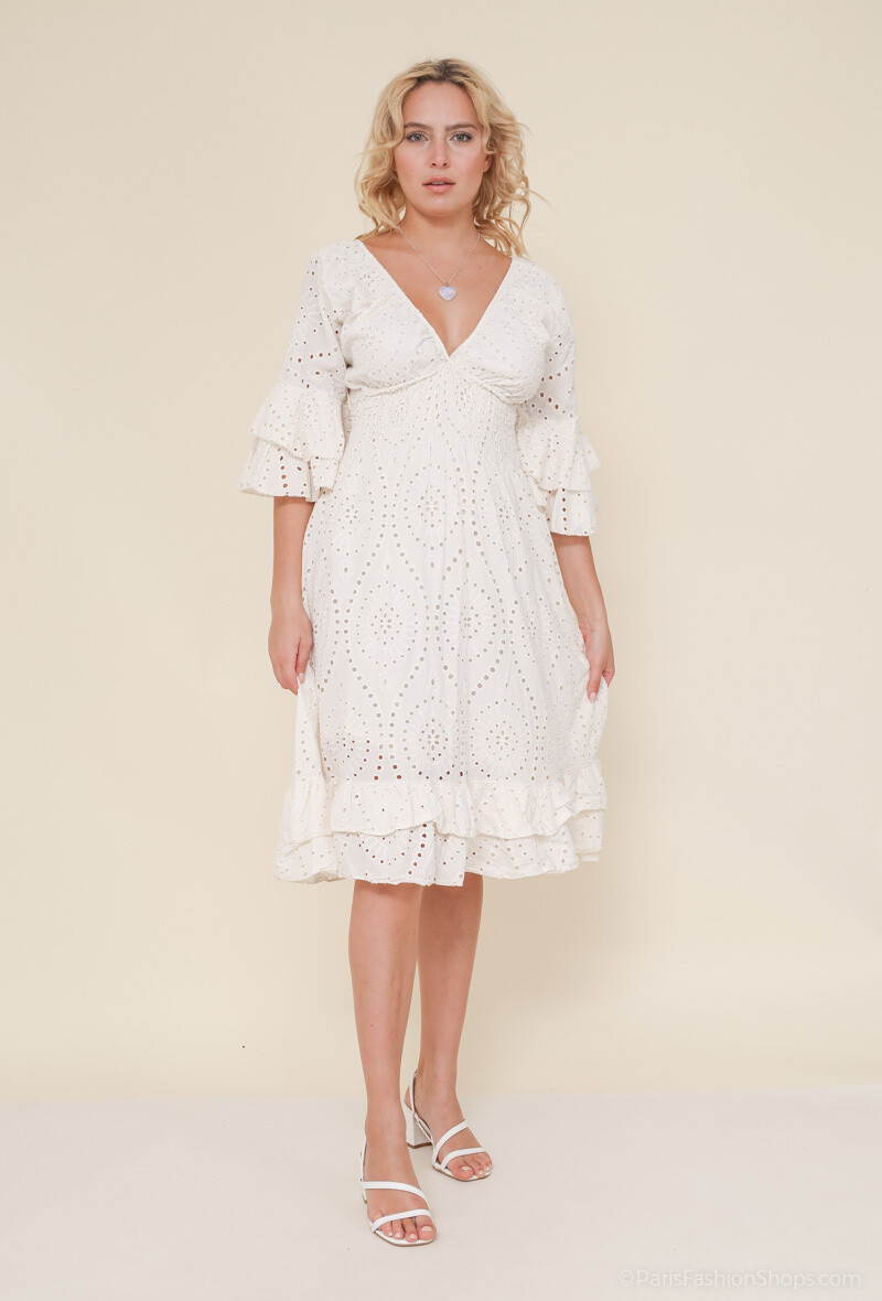 Wholesaler Happy Look - Mid-ruffled dress in English embroidery with smocked waist