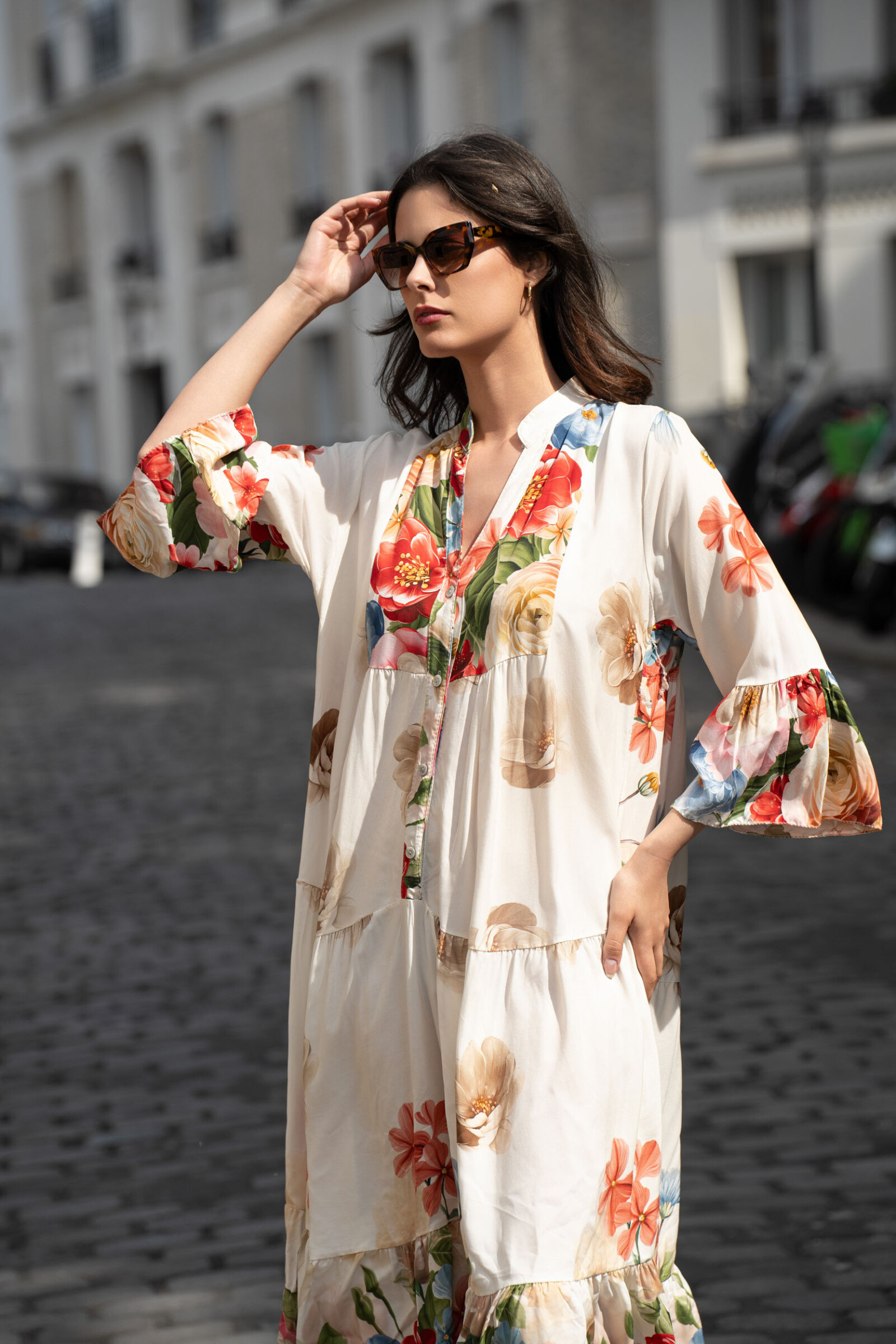 Grossiste Happy Look - Longue Robe à Volants en Viscose Imprimée Fleurie