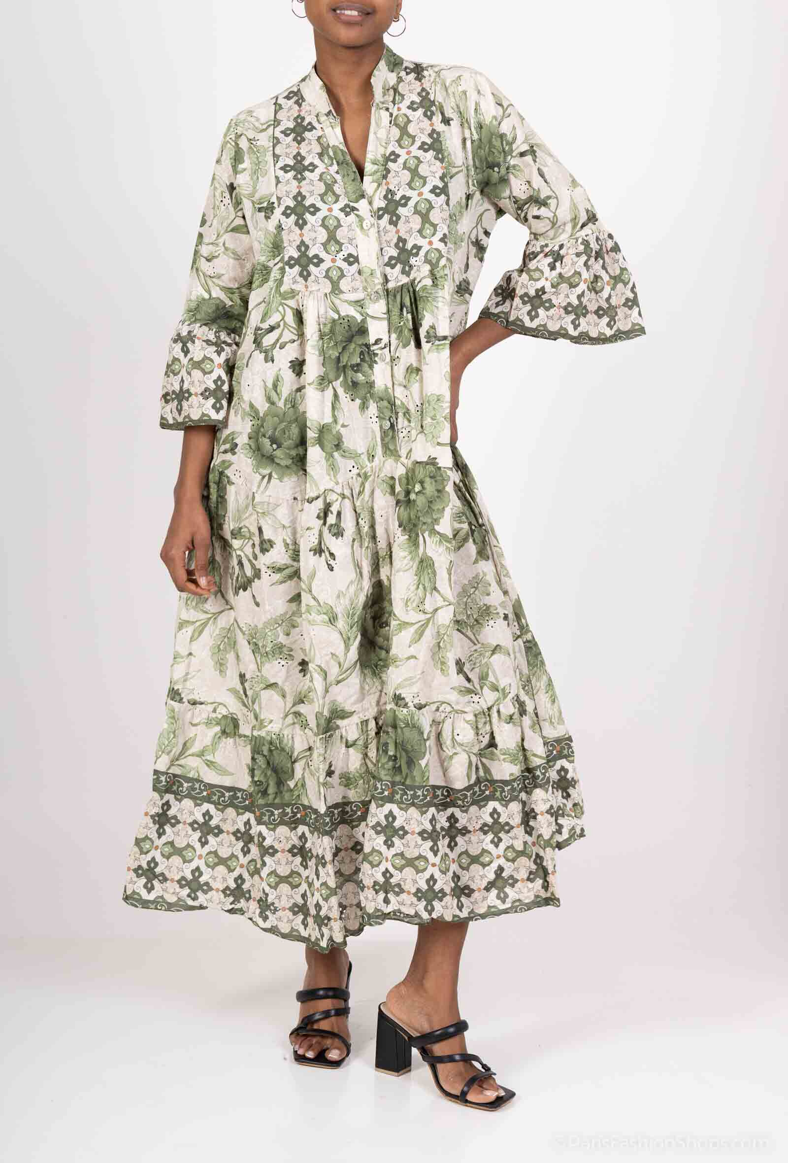 Wholesaler Happy Look - Long ruffle dress in English printed printed embroidery