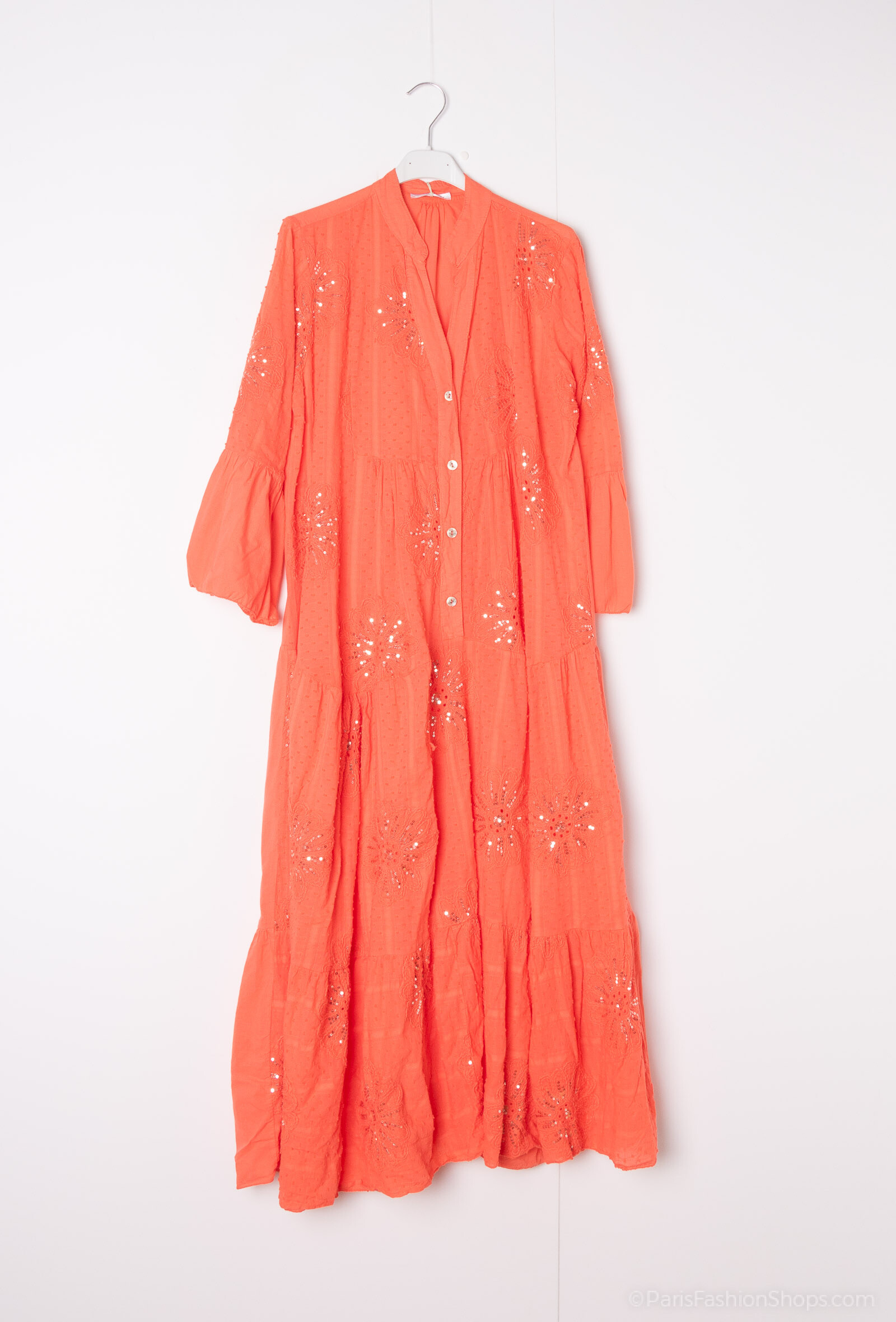 Wholesaler Happy Look - Long dress with ruffles in embroidered cotton voile & sequins