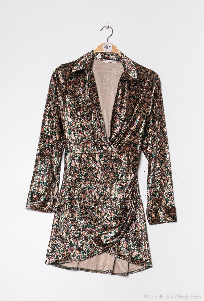 Mini robe en velours imprimé avec manches longues et décolleté plongeant. Taille unique 34/38