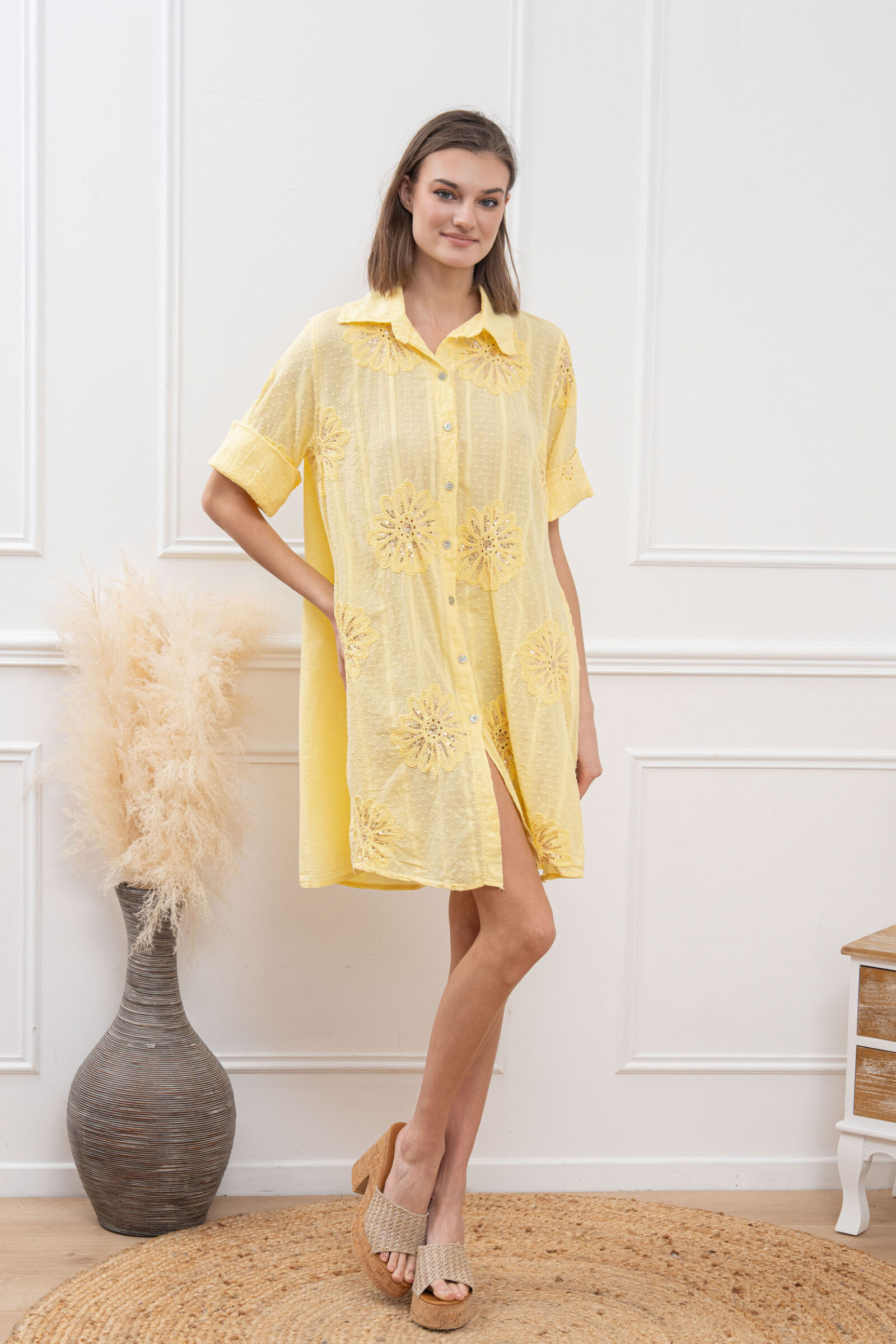 Wholesaler Happy Look - Cotton sail shirt mini dress with embroidery and sequin