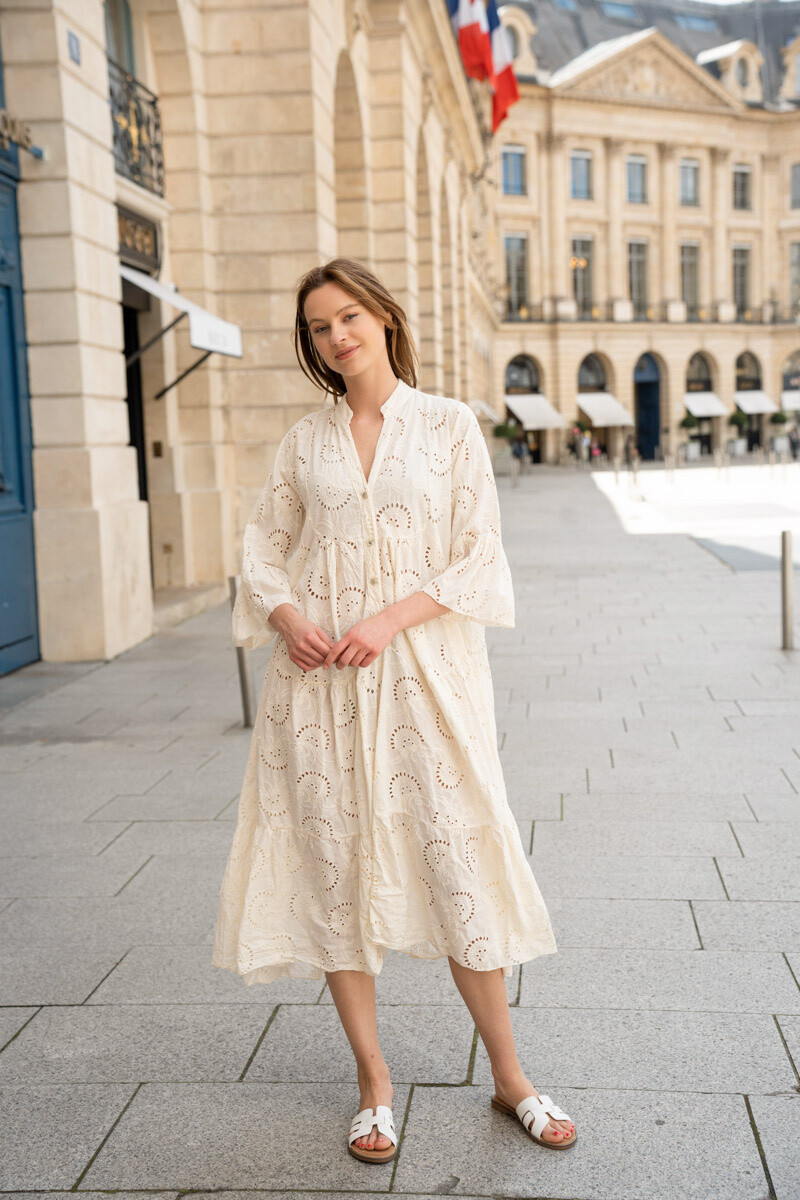 Wholesaler Happy Look - Long ruffle dress in English embroidery with 3/4 ruffled sleeves