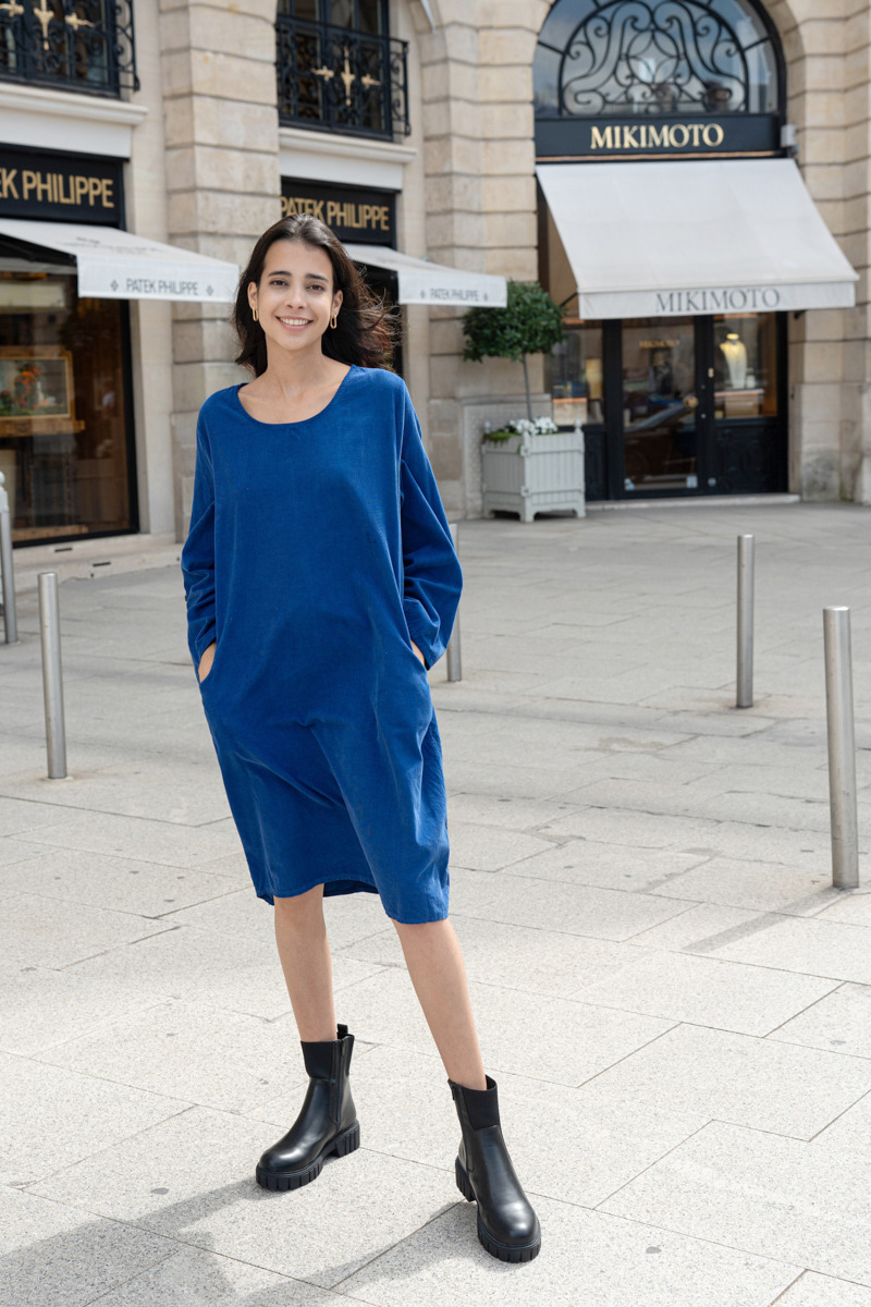 Großhändler Happy Look - Damen-Midikleid aus Cordstoff mit Rundhalsausschnitt