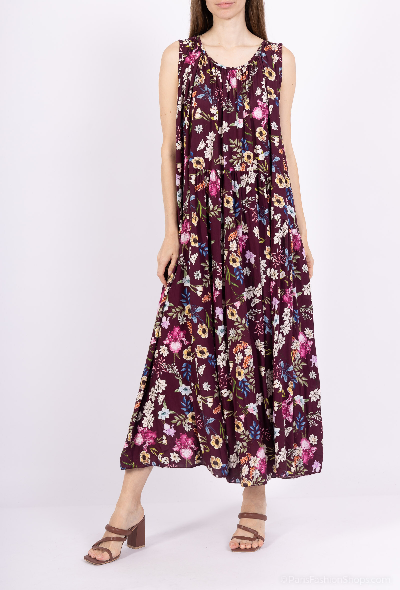 Großhändler Happy Look - Langes ärmelloses Viskose-Kleid mit Print