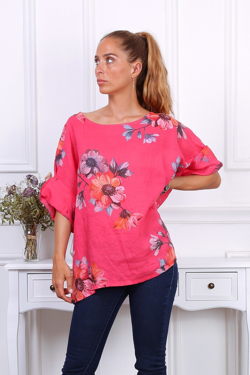 Wholesaler Happy Look - Flower -printed linen Top Sleeve 3/4