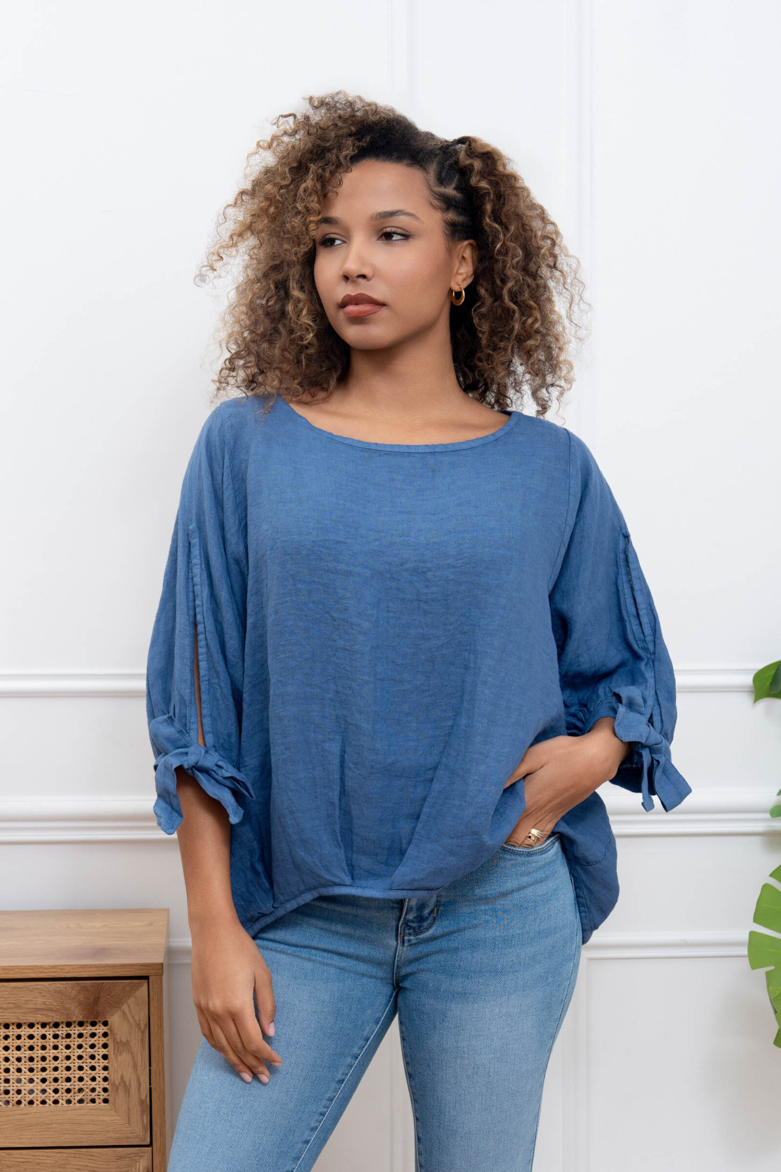Grossiste Happy Look - Top Oversize en Lin avec Nœud sur les Manches