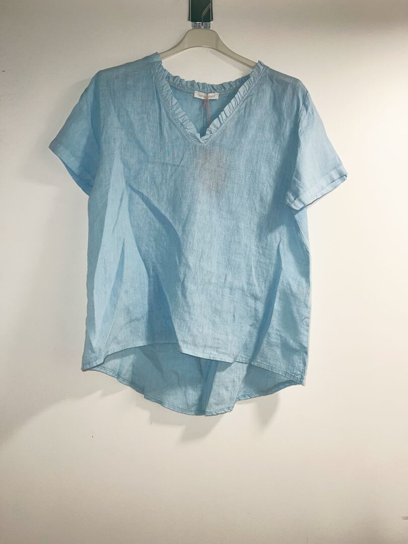 Großhändler Happy Look - Leinen Top V -Neck - kurze Ärmel und Stirnrunzeln