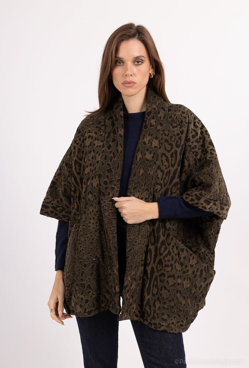 Grossiste Happy Look - Veste oversize en velours côtelé matelassée imprimée léopard