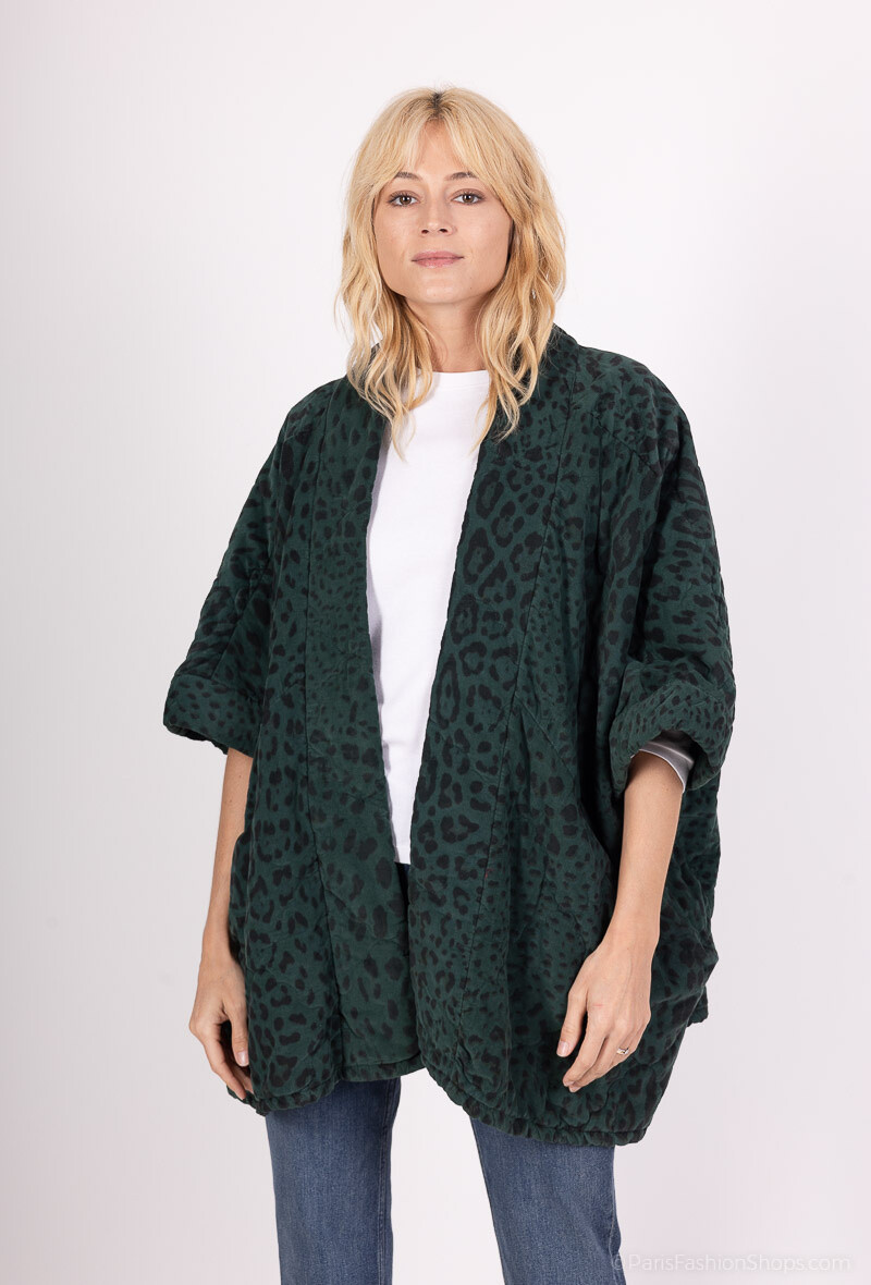 Grossiste Happy Look - Veste oversize en velours côtelé matelassée imprimée léopard