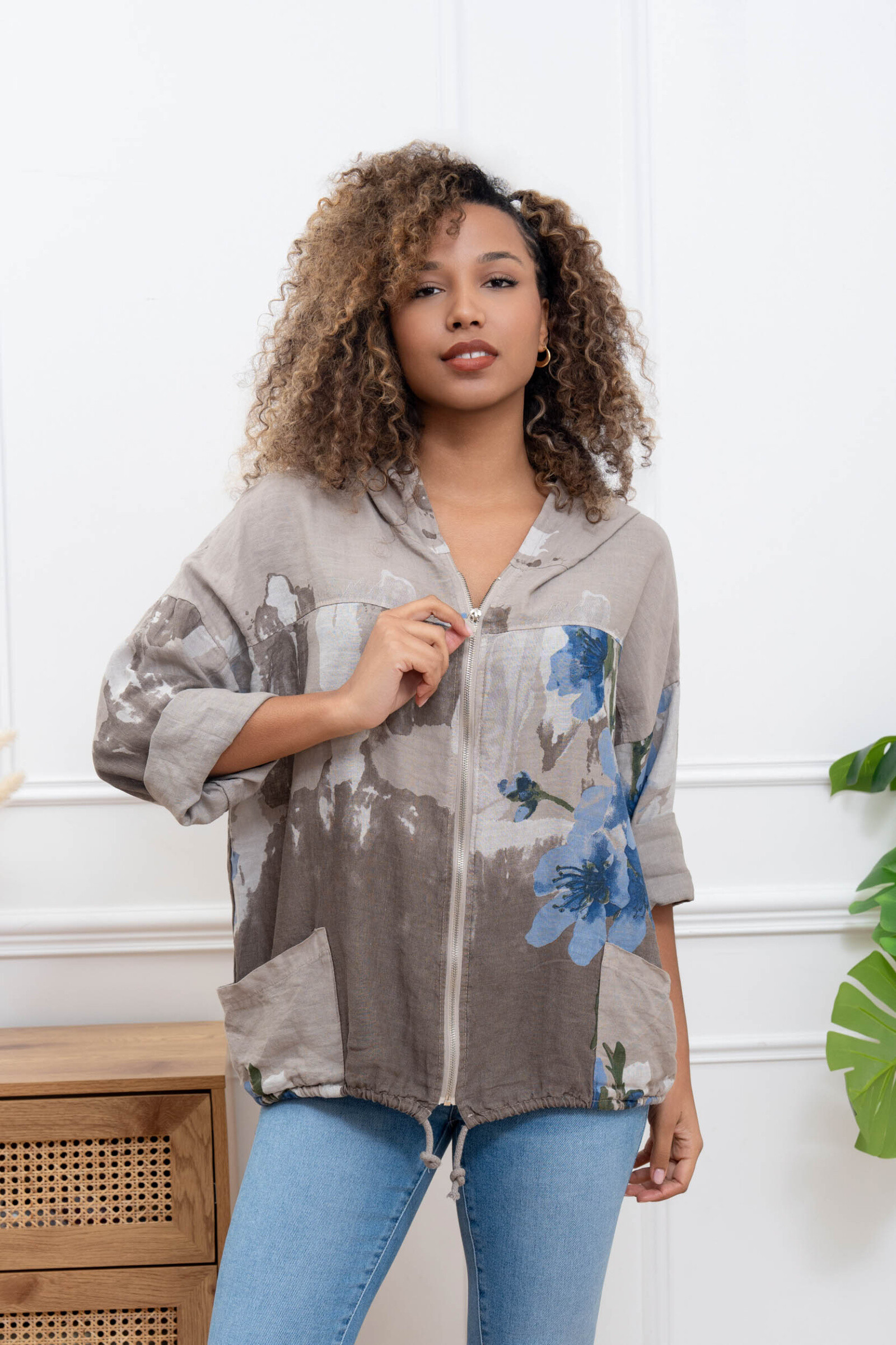 Grossiste Happy Look - Veste en Lin Imprimée avec Capuche – Style Décontracté et Léger