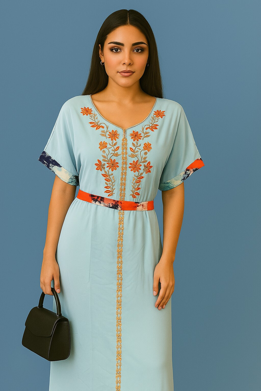 Grossista HB TEXTILE - Abito Lungo ABAYA Fluido con Ricami Floreali - Azzurro Chiaro