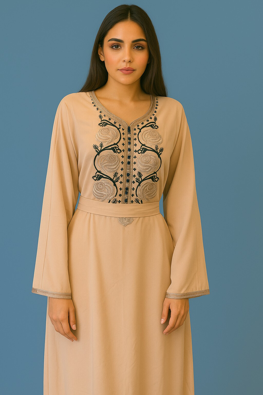 Grossista HB TEXTILE - Abito Abaya Lungo Svasato con Ricami Floreali - Beige