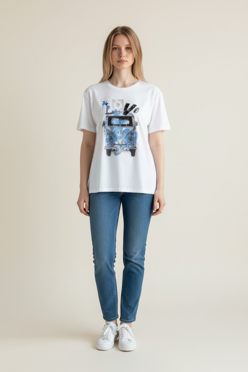 Großhändler HD DIFFUSION - Weißes T-Shirt mit Blauem Van-Print