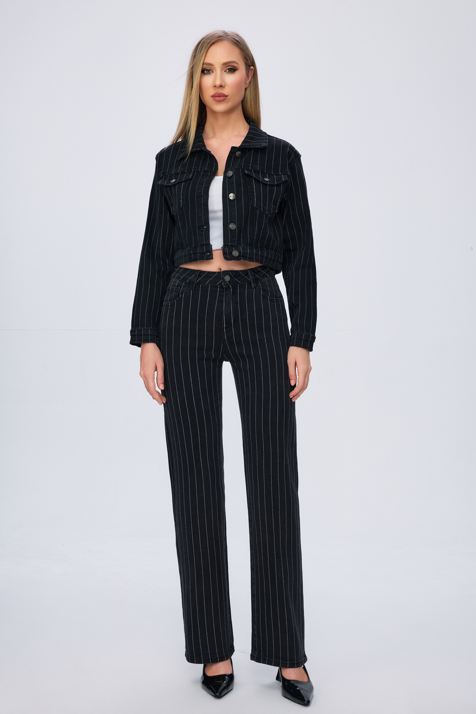 Wholesaler HELLO MISS - Wide striped straight jeans